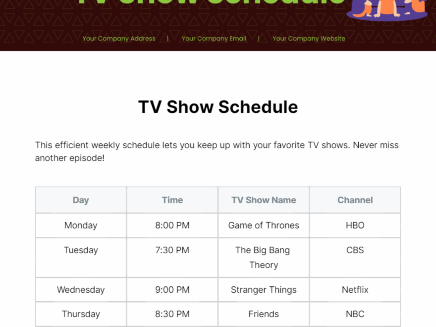 Free TV Show Schedule Template To Edit Online