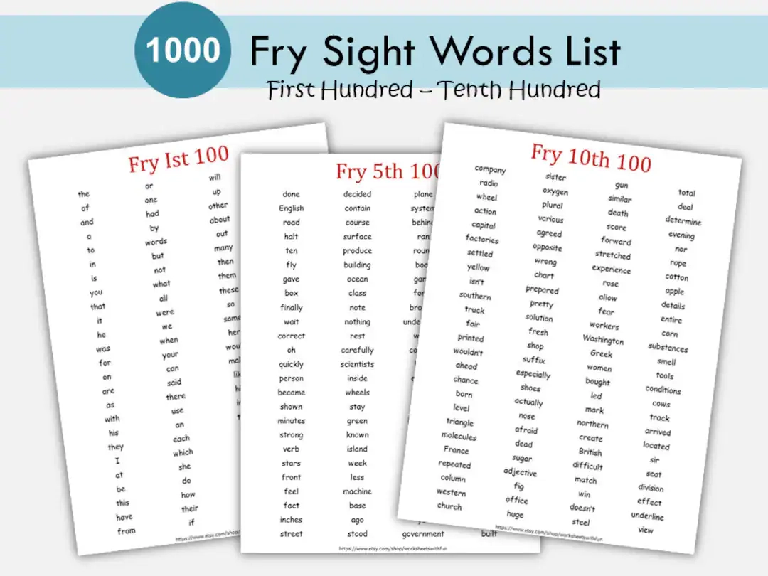 Fry Sight Words Printable 1000 High Frequency Words PDF Download Etsy Norway