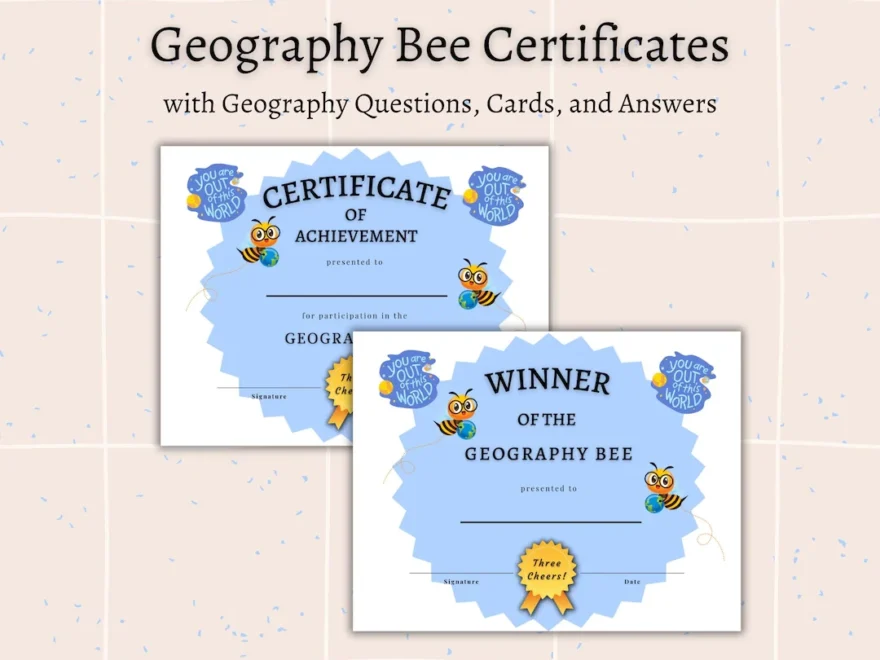 Geography Bee Award Certificates For Geography Game For Kids Teachers And Classrooms Seniors Trivia Activity Game For Senior Living Homes Etsy