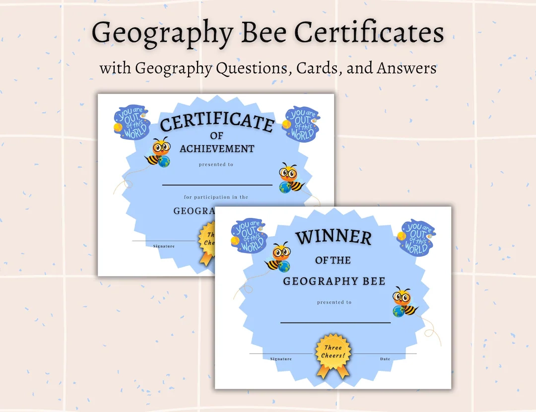 Geography Bee Award Certificates For Geography Game For Kids Teachers And Classrooms Seniors Trivia Activity Game For Senior Living Homes Etsy