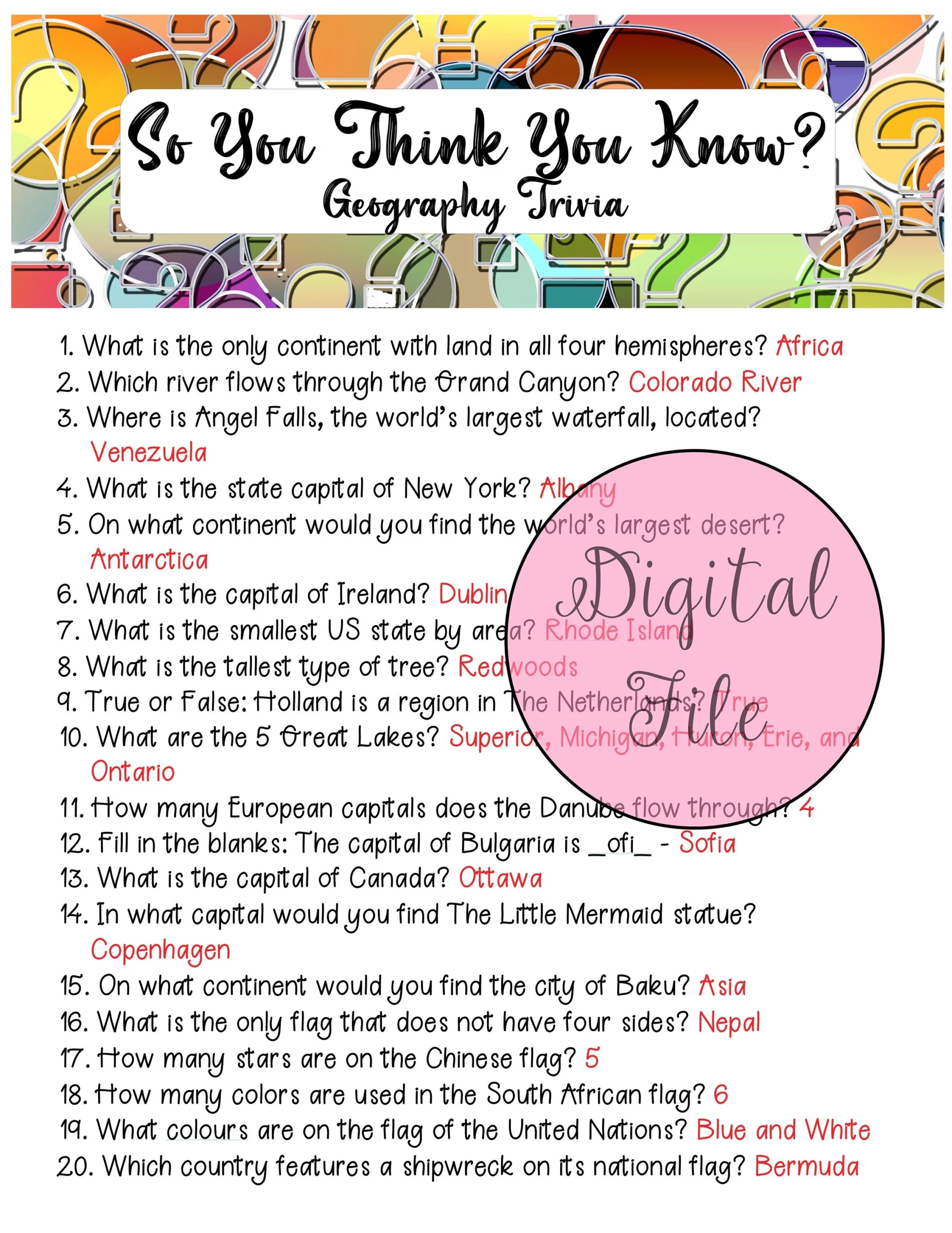 Geography Trivia fun Quiz printable Trivia classroom Trivia Etsy