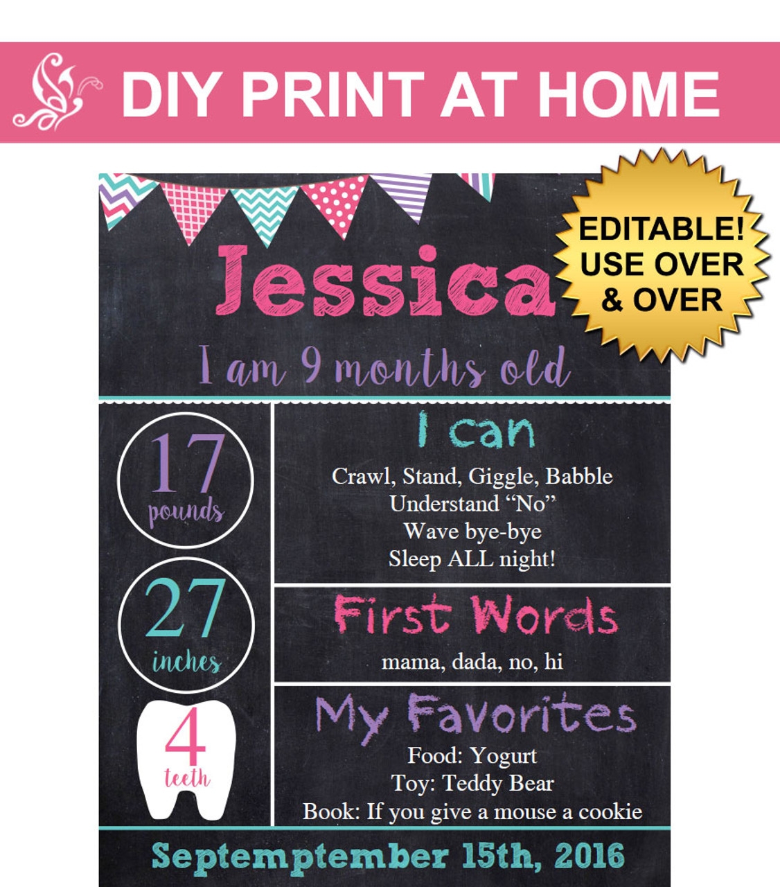 Girls Printable Monthly Chalkboard Poster Digitaldoodlebug