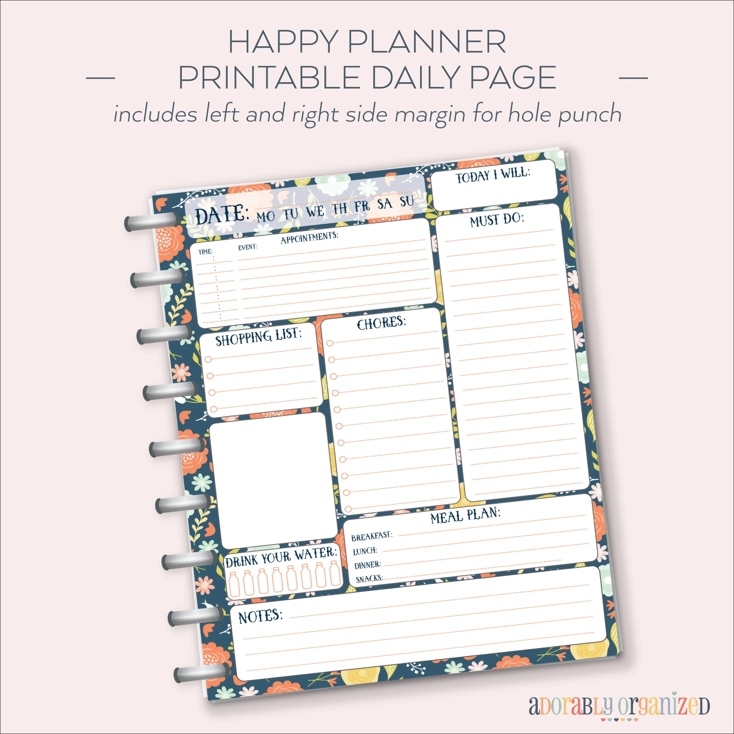 HAPPY PLANNER PRINTABLE Daily Planner Refills Inserts 7 X 9 25 Navy Blooms Create 365 Me My Big Ideas Mambi Daily dashboard Etsy