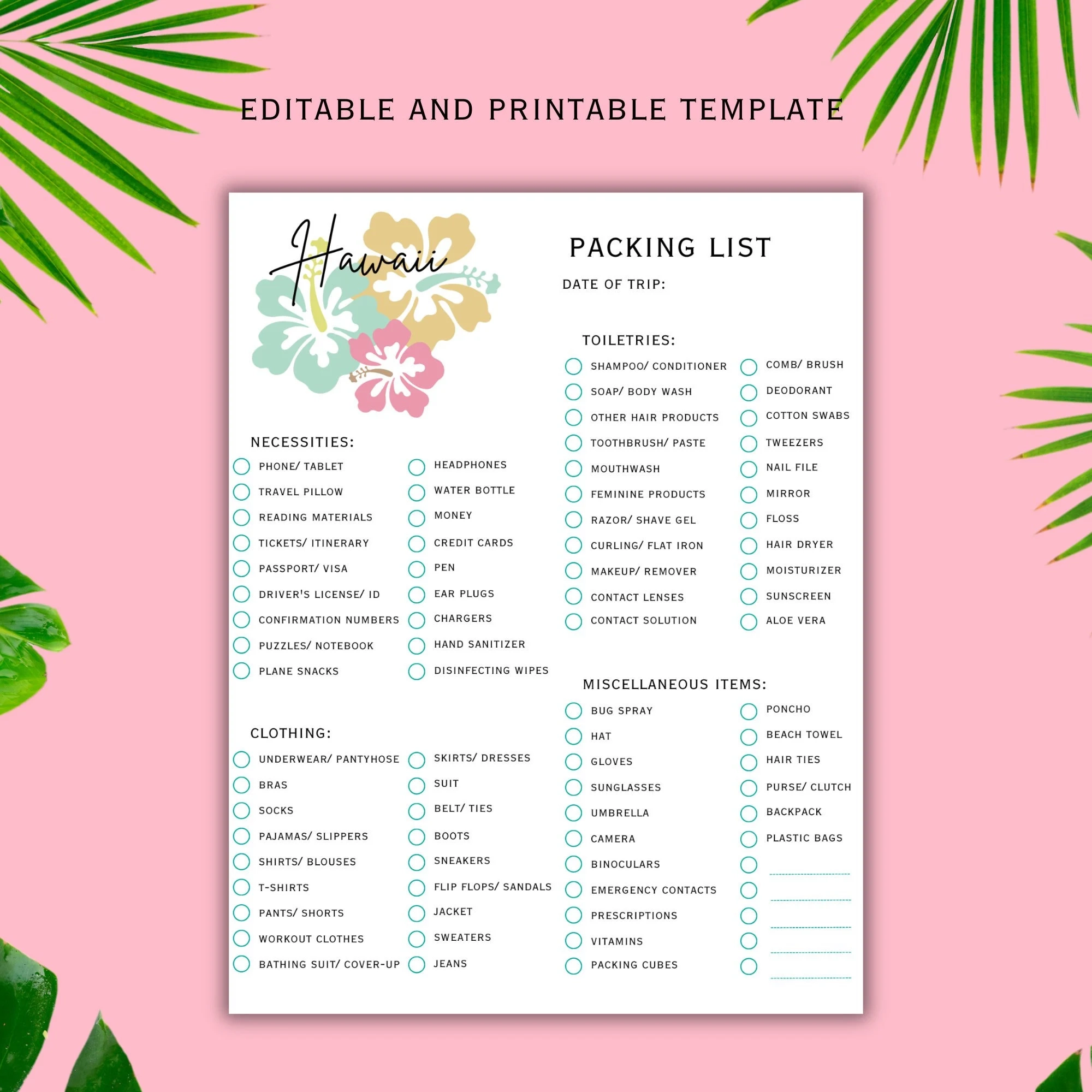 Hawaii Packing List Editable Printable Canva Template Etsy