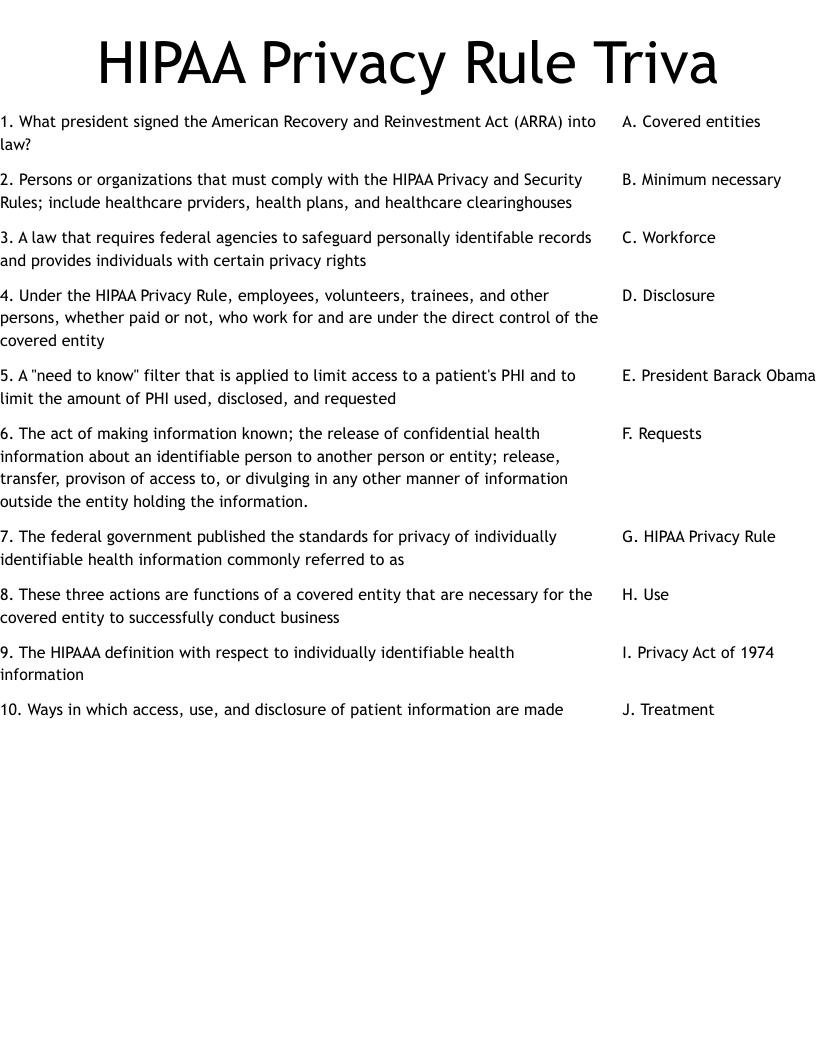HIPAA Privacy Rule Triva Worksheet WordMint