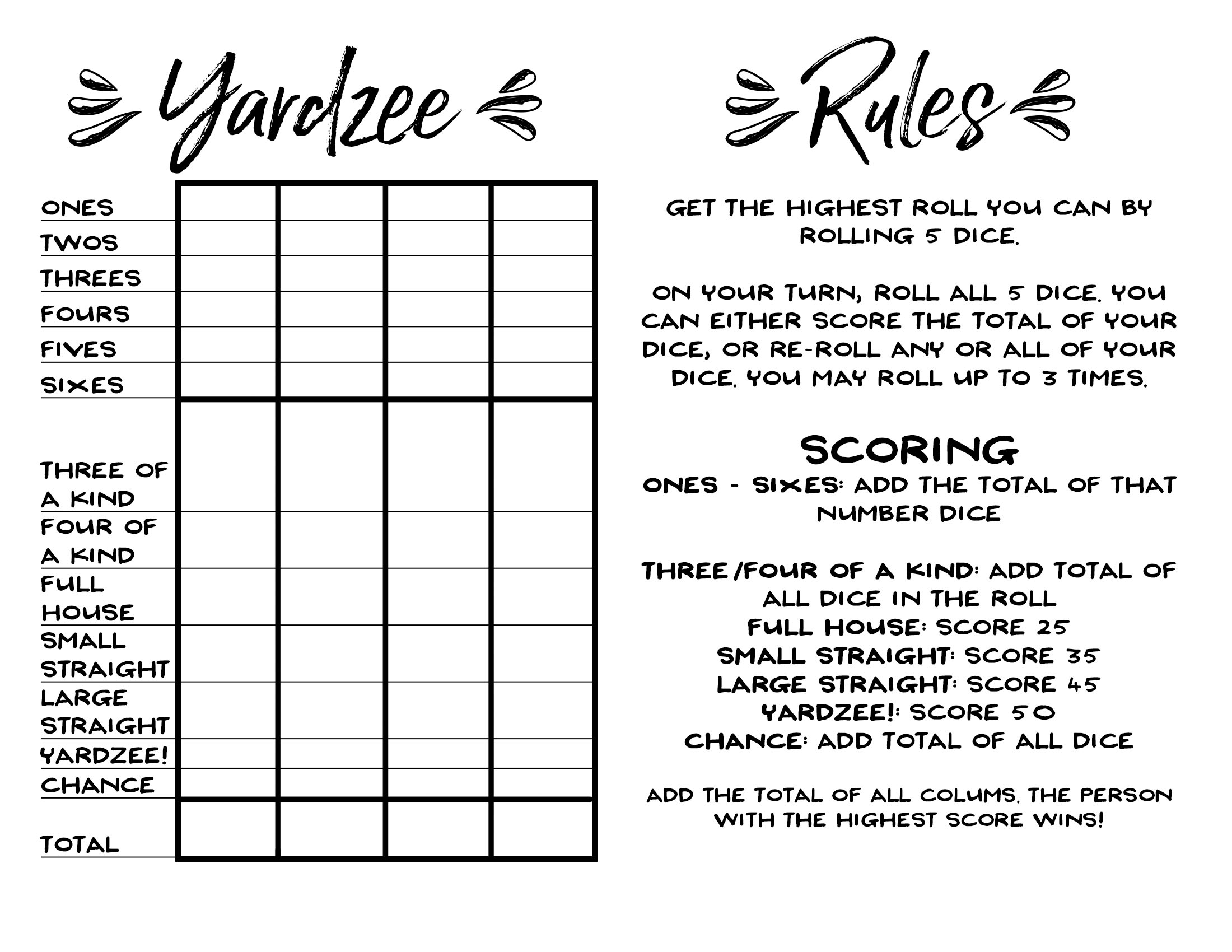 Free Printable Yardzee Score Sheet
