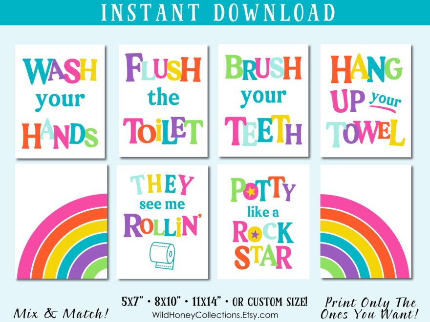 Kids Rainbow Bathroom Decor Printable Wall Art Bright Colors Set Of 8 Funny Bathroom Signs INSTANT DIGITAL DOWNLOAD Etsy Israel