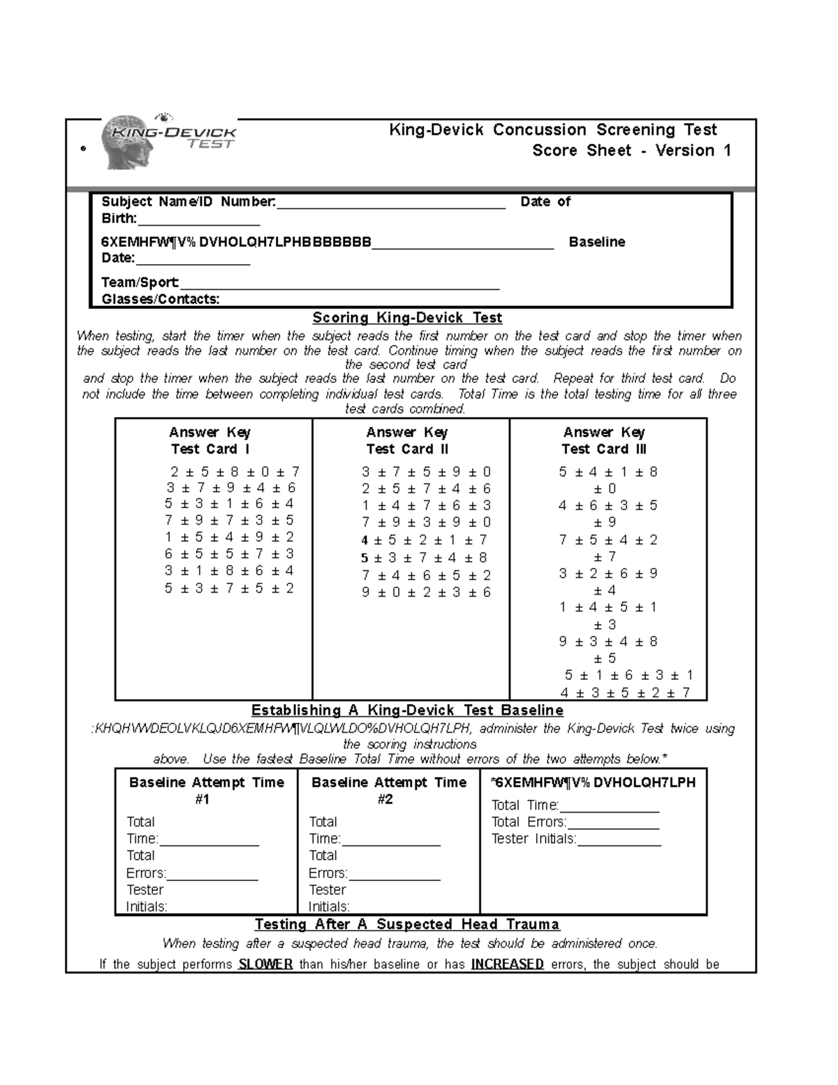 King Devick Concussion Screening Test Score Sheet Instructions Studocu