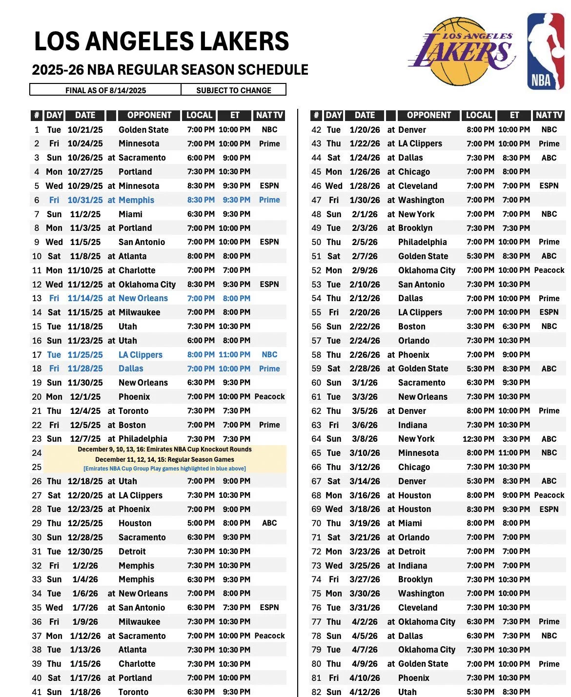 Lakers Full 2025 26 Schedule R lakers