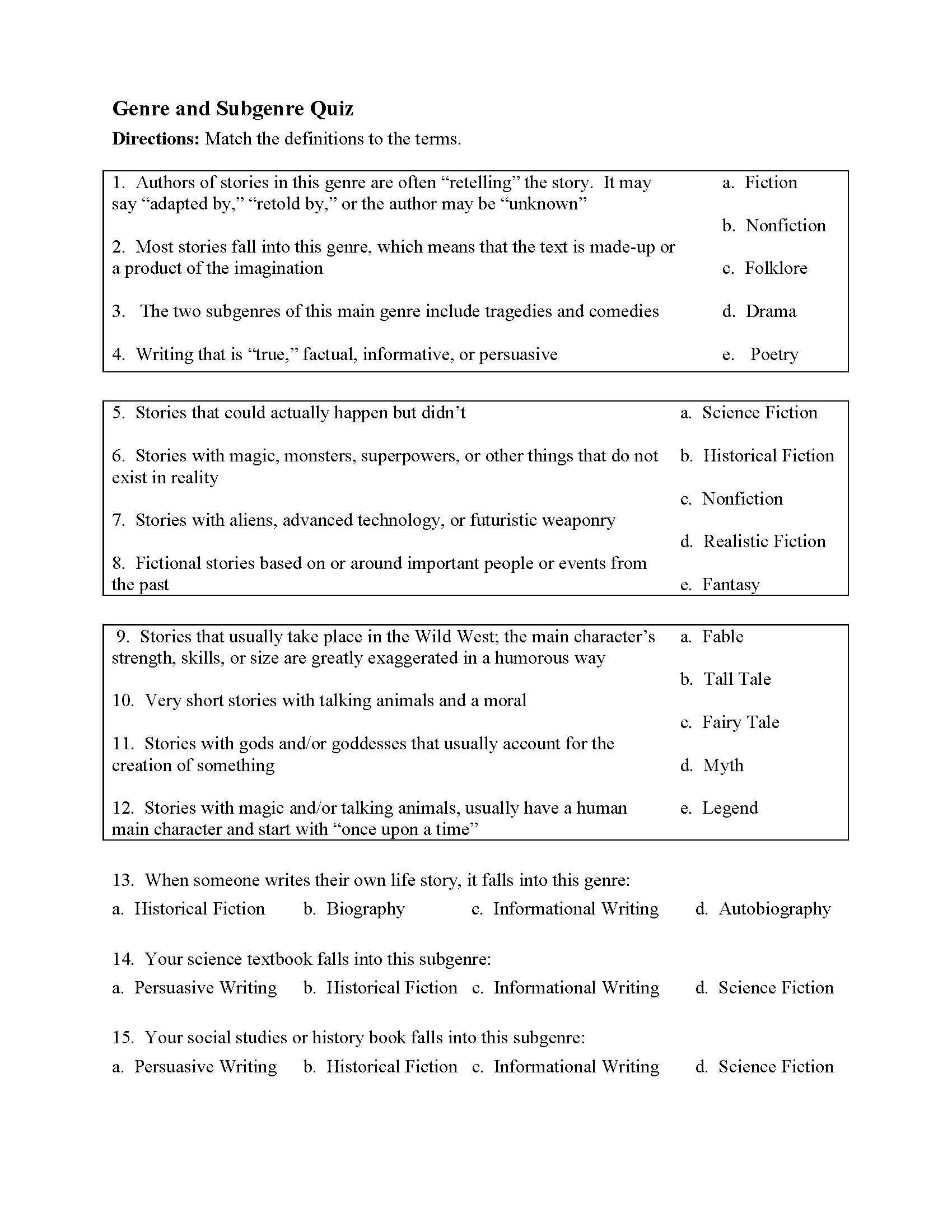 Genre Quiz Second Grade Printable