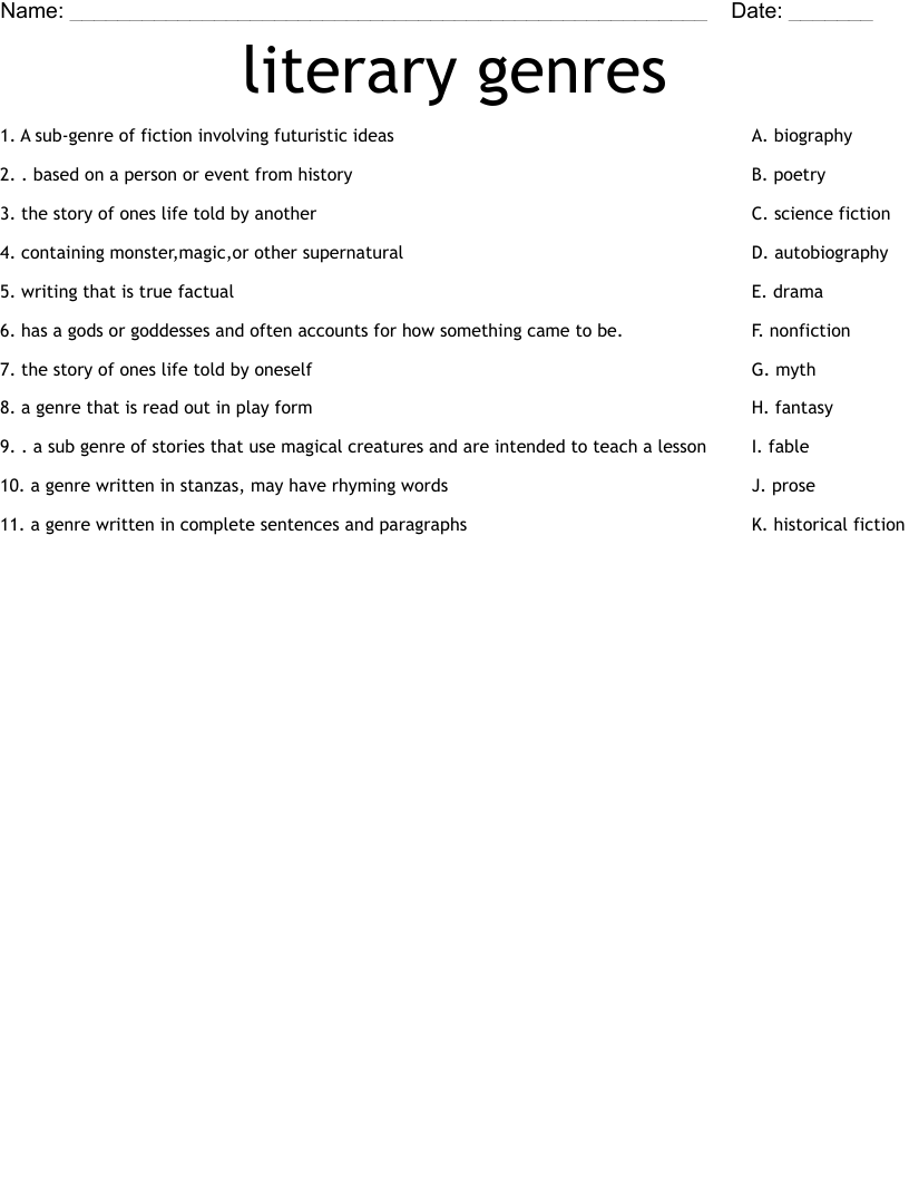 Literary Genres Worksheet WordMint