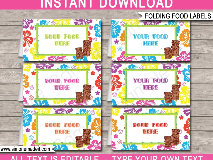 Luau Party Food Labels Template Printable Place Cards Birthday Party