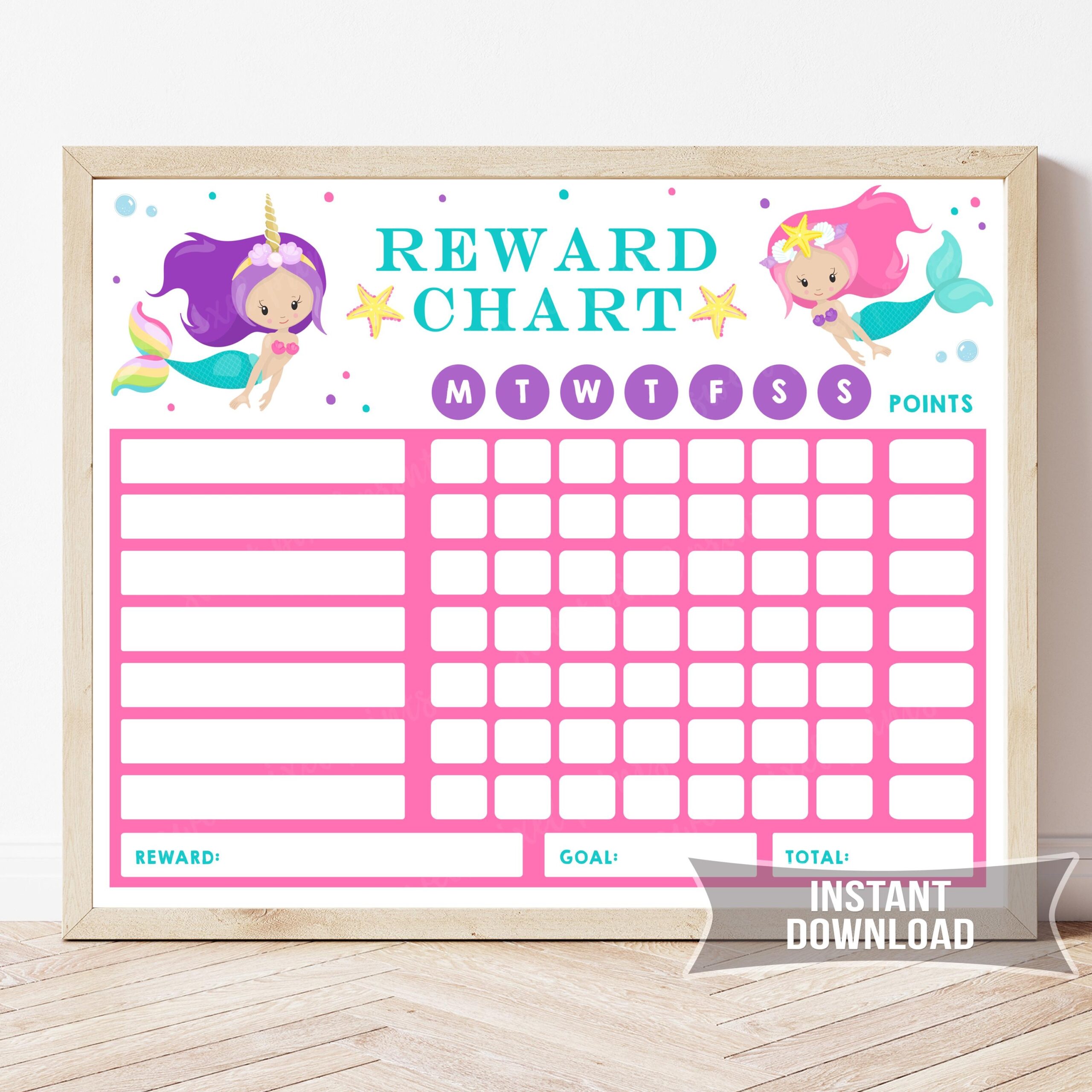 Mermaid Chore Chart For Kids Printable Reward Chart Motivation Tracker Instant Download Etsy