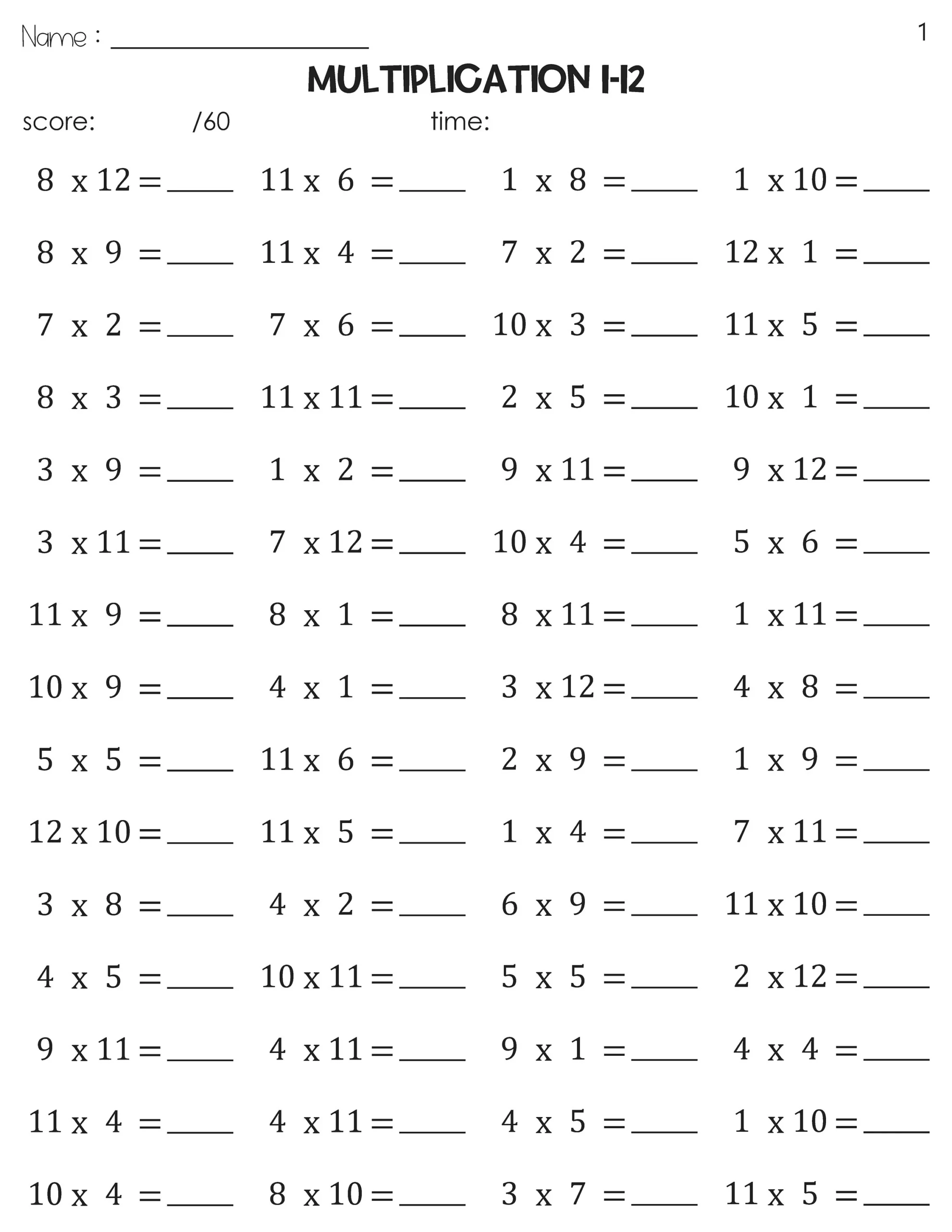 Multiplication 1 12 Math Timed Tests Speed Drills Worksheets Etsy
