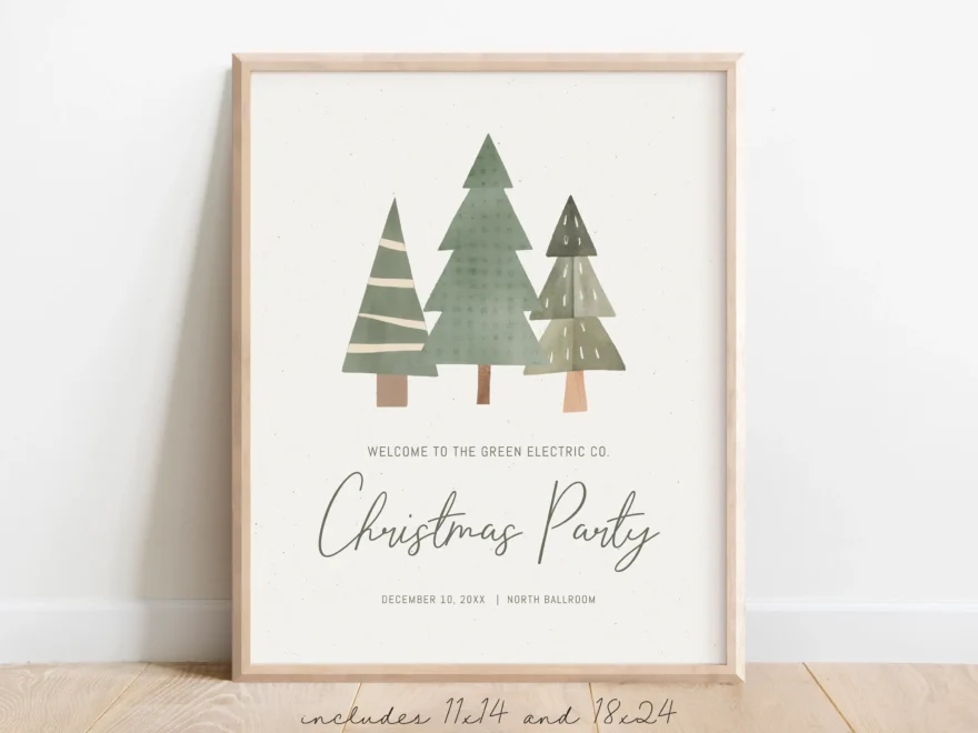 Neutral Christmas Party Sign Minimalist Holiday Party Welcome Sign Nordic Trees Entrance 2 Sizes EDITABLE Template DIY Etsy