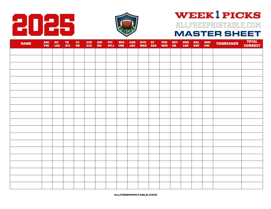 NFL Week 1 Pick em Master Sheet 2025 Free Printable NFL Week 1 Pick em Master Sheet 2025 Free Printable