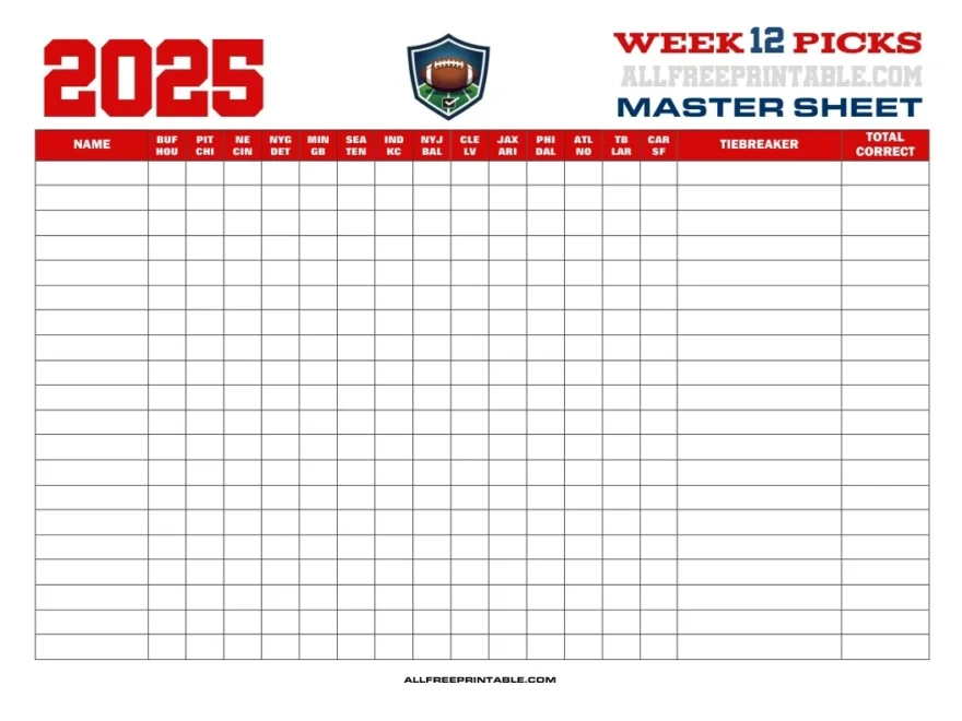NFL Week 12 Pick em Master Sheet 2025 Free Printable