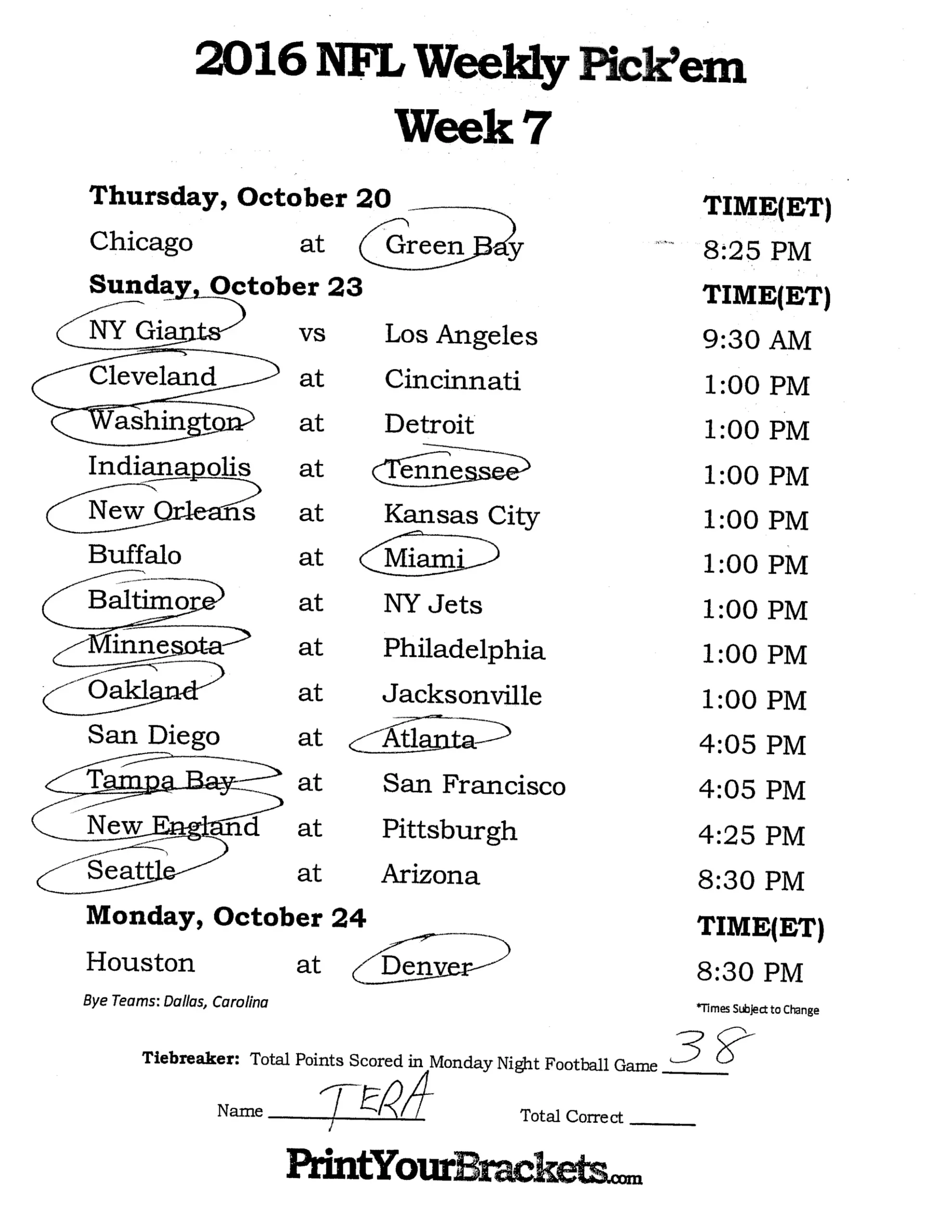 Week 7 Nfl Printable Pick Sheets Week 7 Nfl Printable Pick Sheets