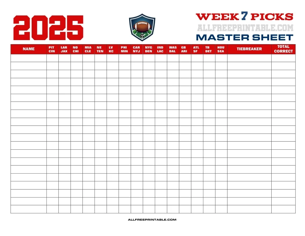 NFL Week 7 Pick em Master Sheet 2025 Free Printable NFL Week 7 Pick em Master Sheet 2025 Free Printable
