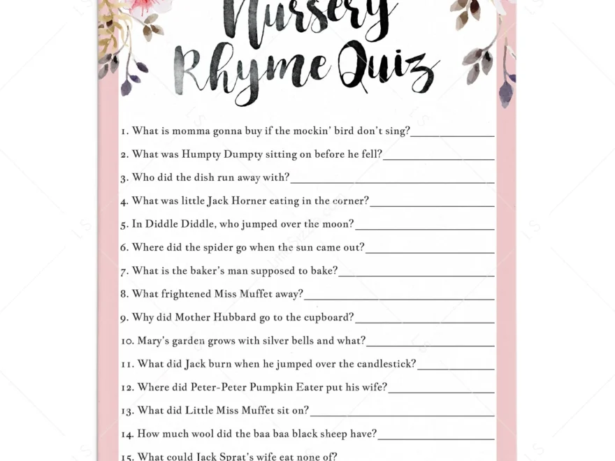 Nursery Rhyme Quiz For Girl Baby Shower Printable Instant Download LittleSizzle