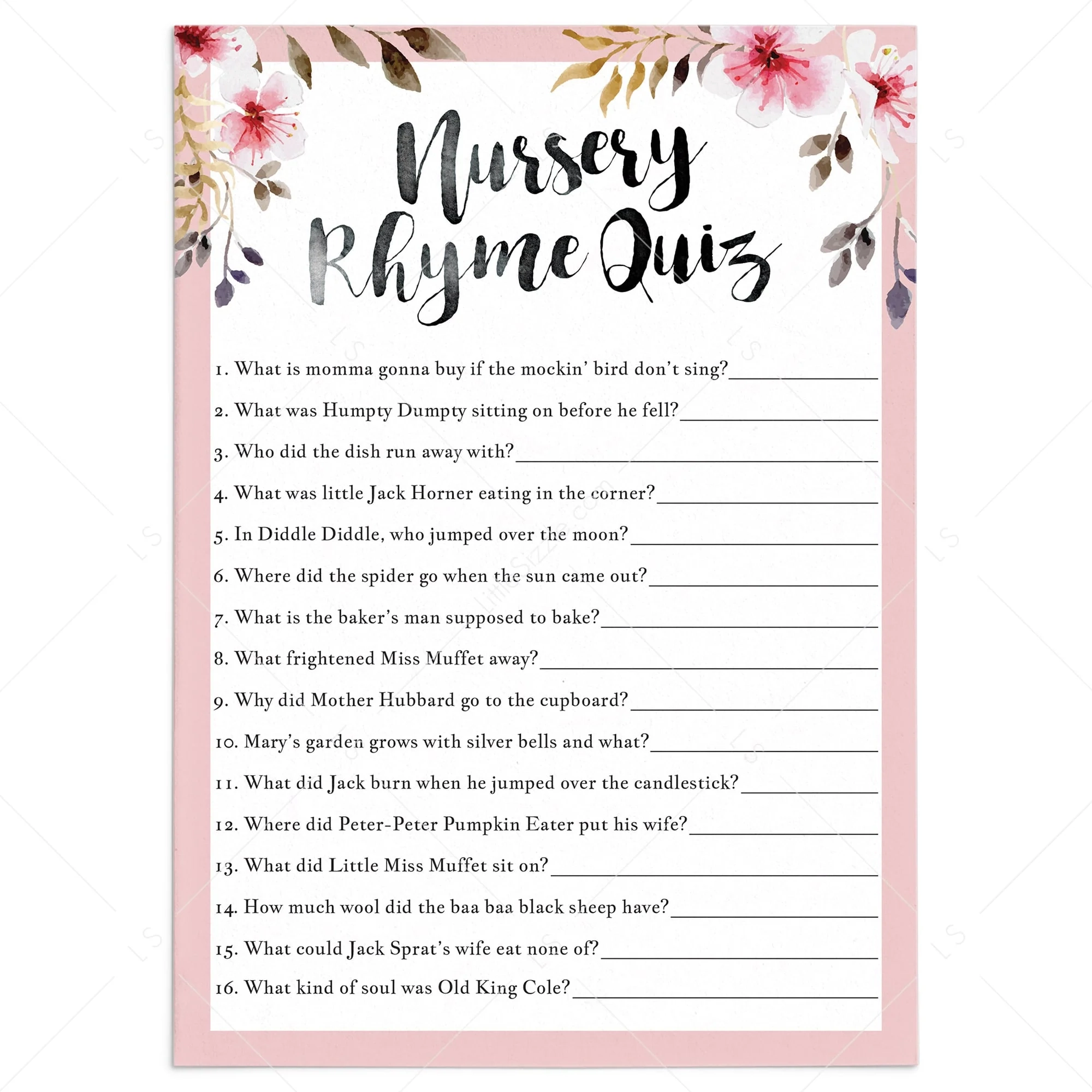 Nursery Rhyme Quiz For Girl Baby Shower Printable Instant Download LittleSizzle