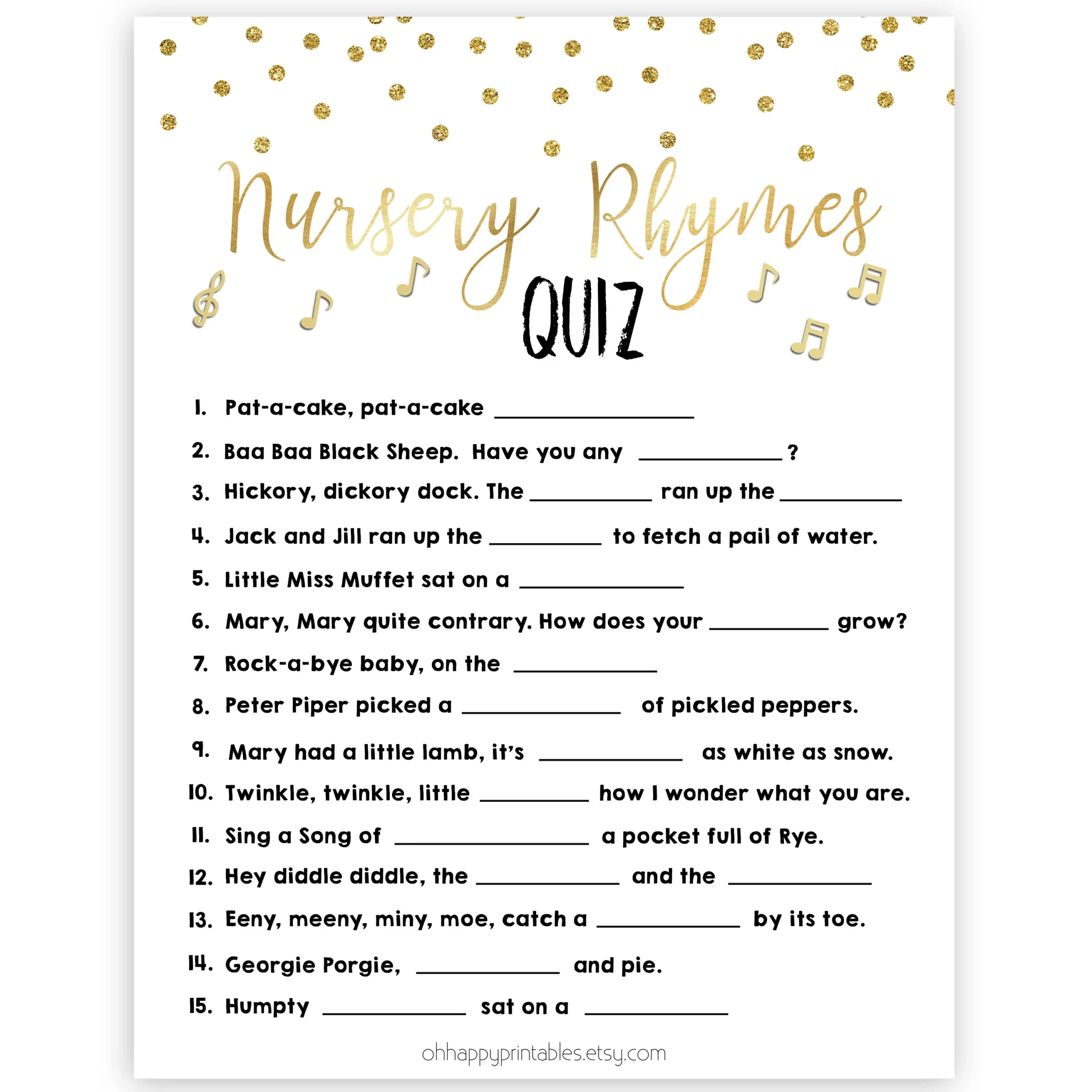Nursery Rhyme Quiz Gold Glitter Printable Baby Shower Games OhHappyPrintables