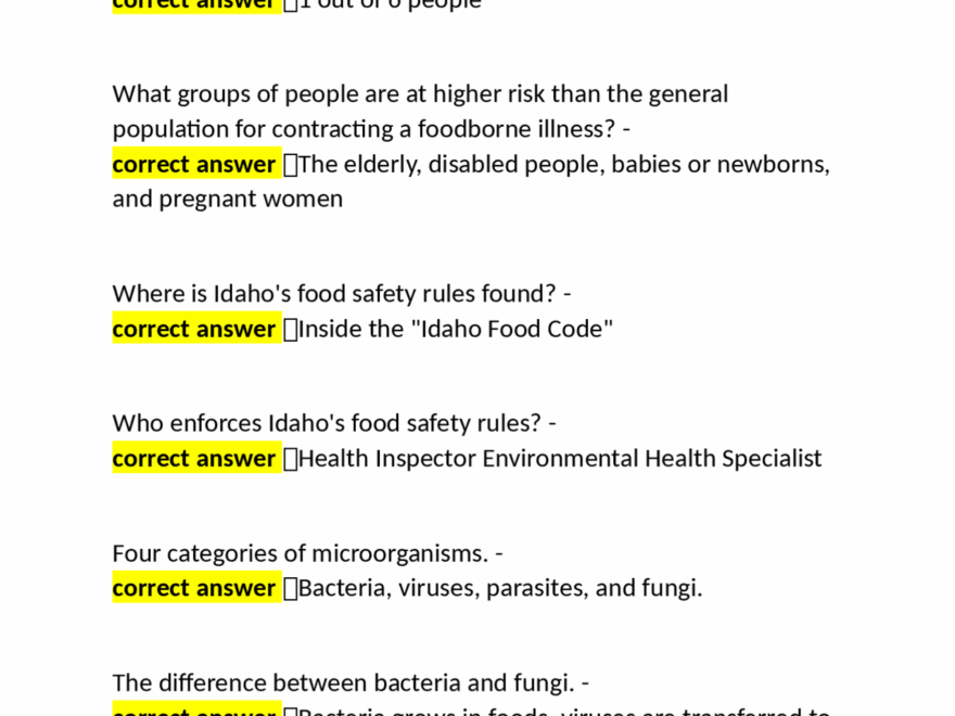 Nutrition And Foods Idaho Food Safety Handlers Permit Test Exam Questions And Answers Exams Nutrition Docsity