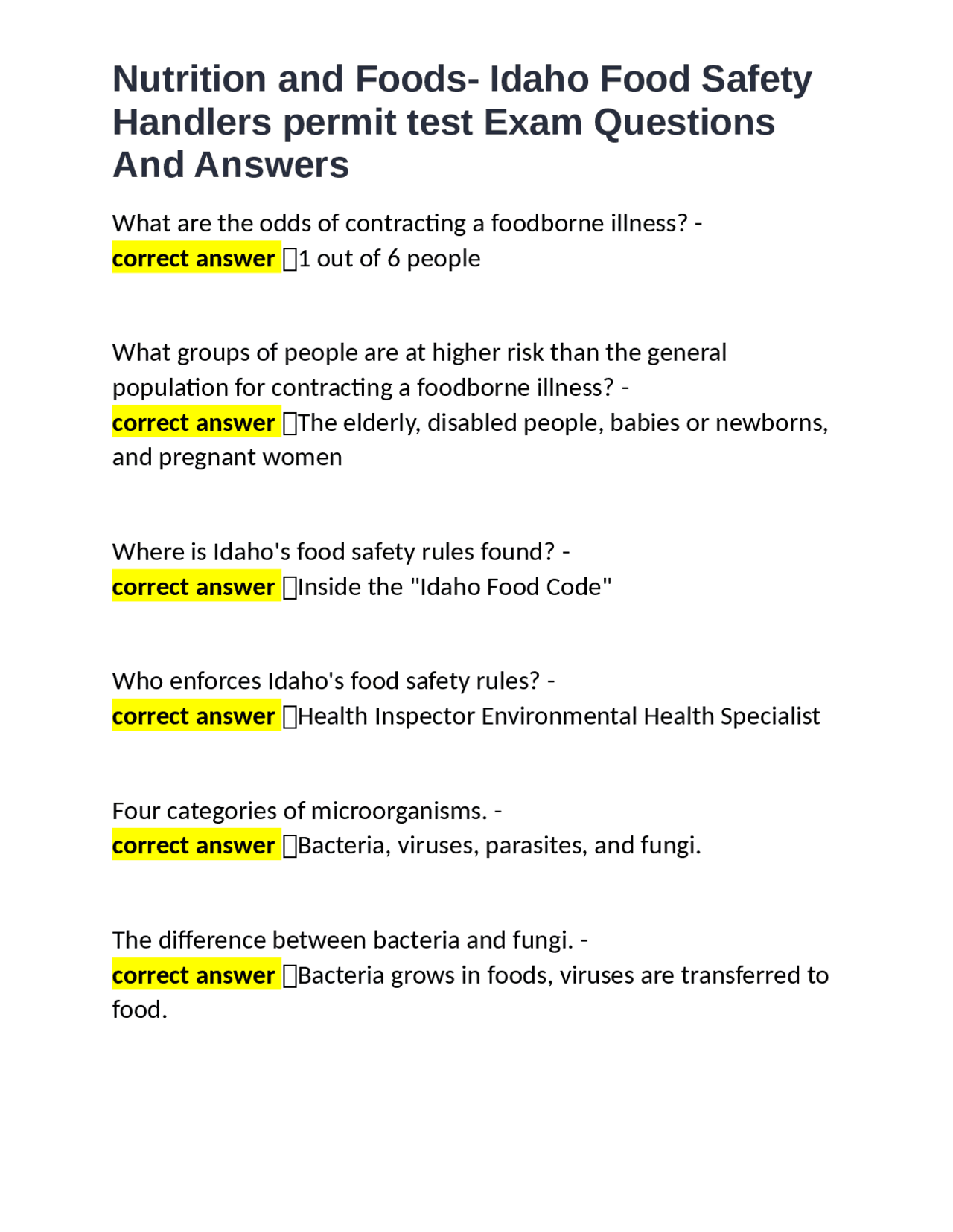 Nutrition And Foods Idaho Food Safety Handlers Permit Test Exam Questions And Answers Exams Nutrition Docsity