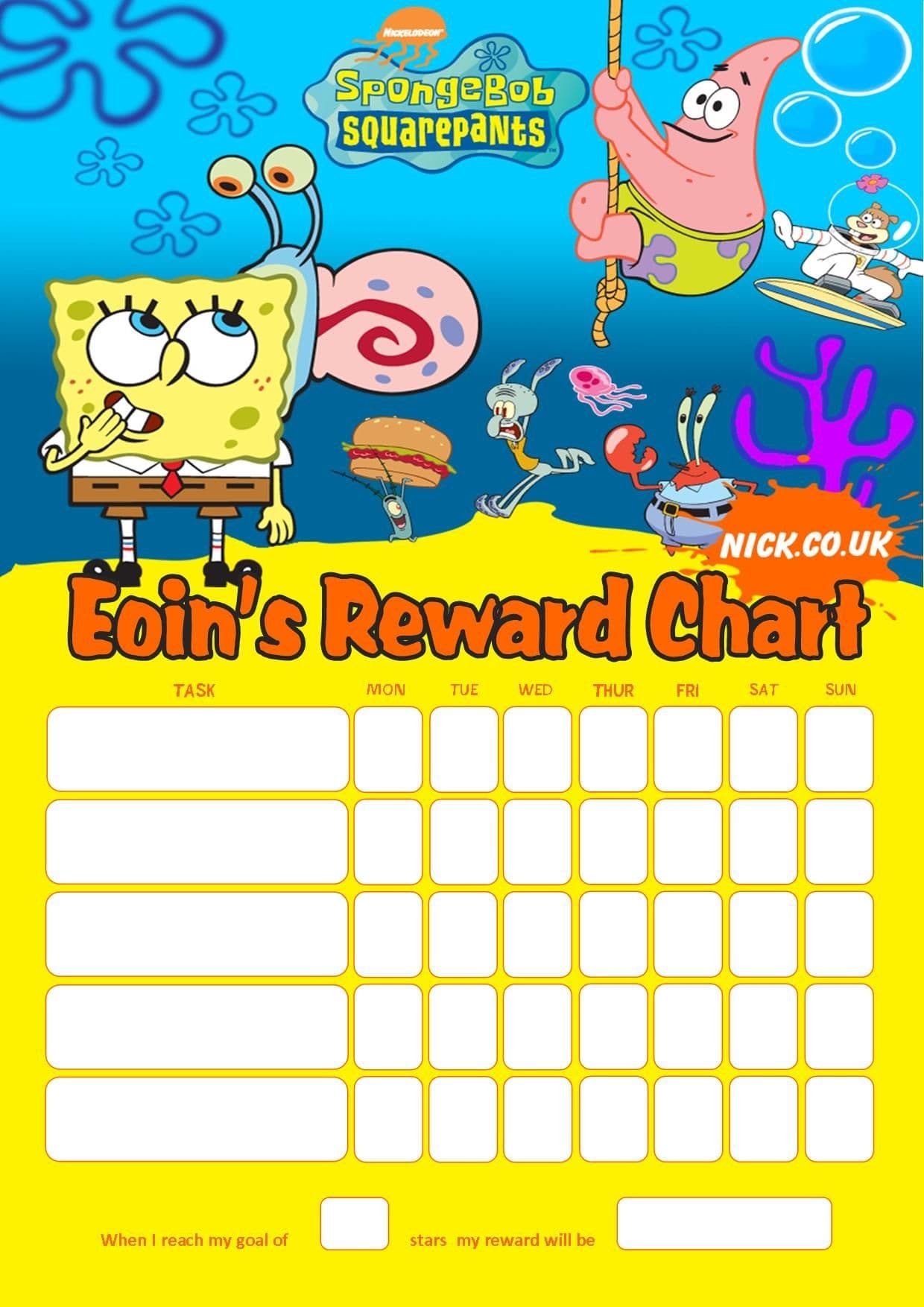 Personalised Spongebob Reward Chart Adding Photo Option Available