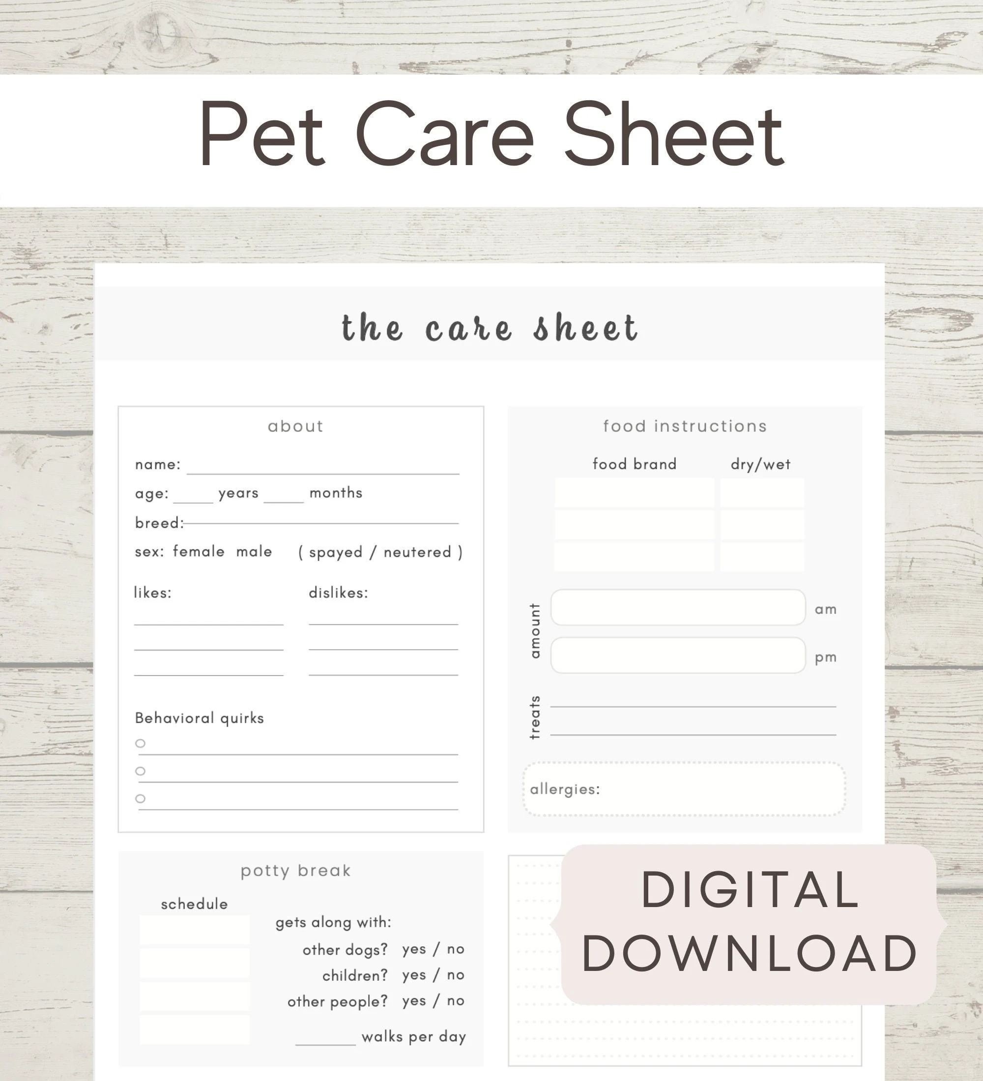 Petsitter Care Sheet Printable Pet Care Pet Info Sheet Dogsitter Info Catsitter Info Etsy
