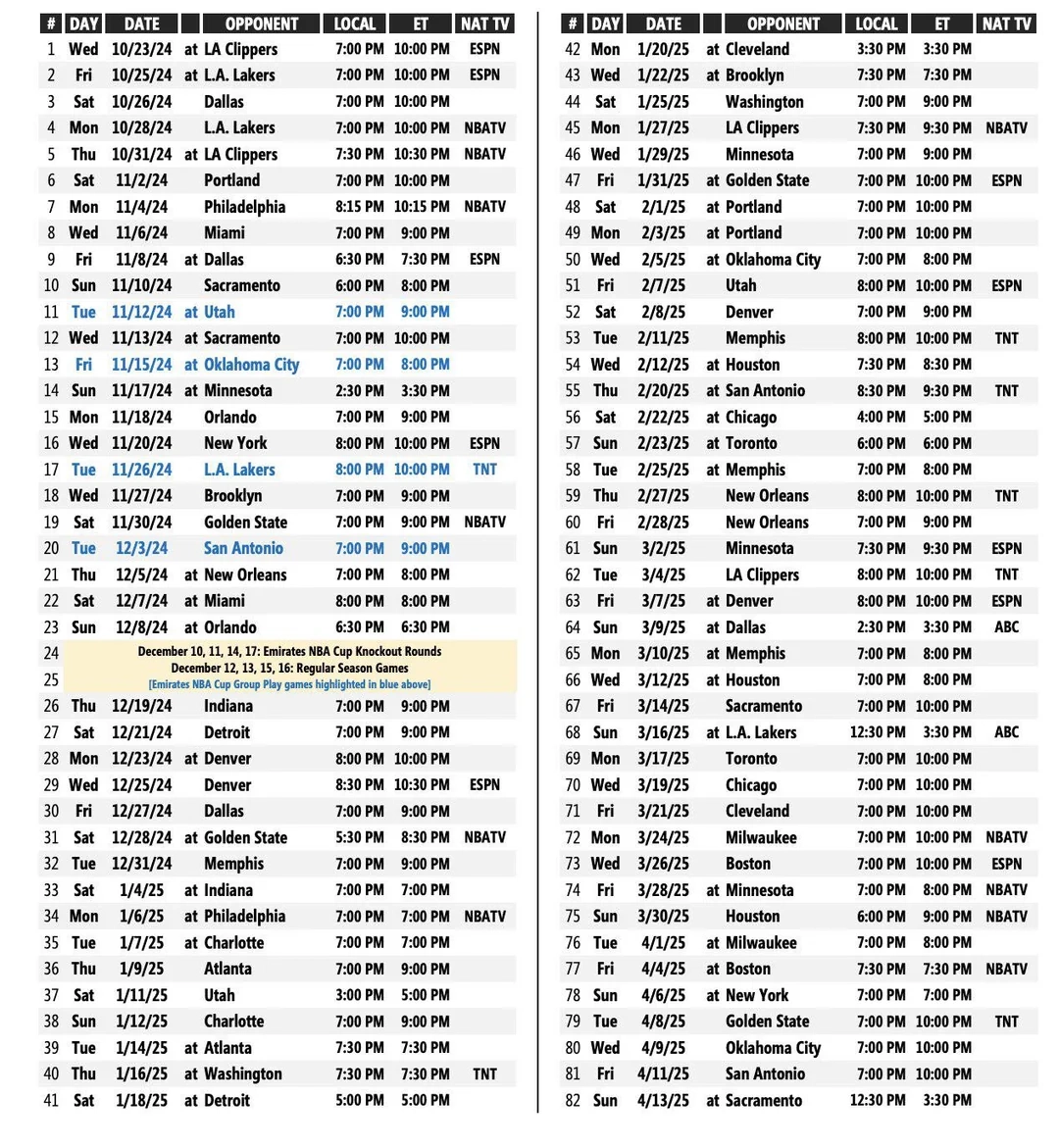 Phoenix Suns Printable Schedule 2025-2026
