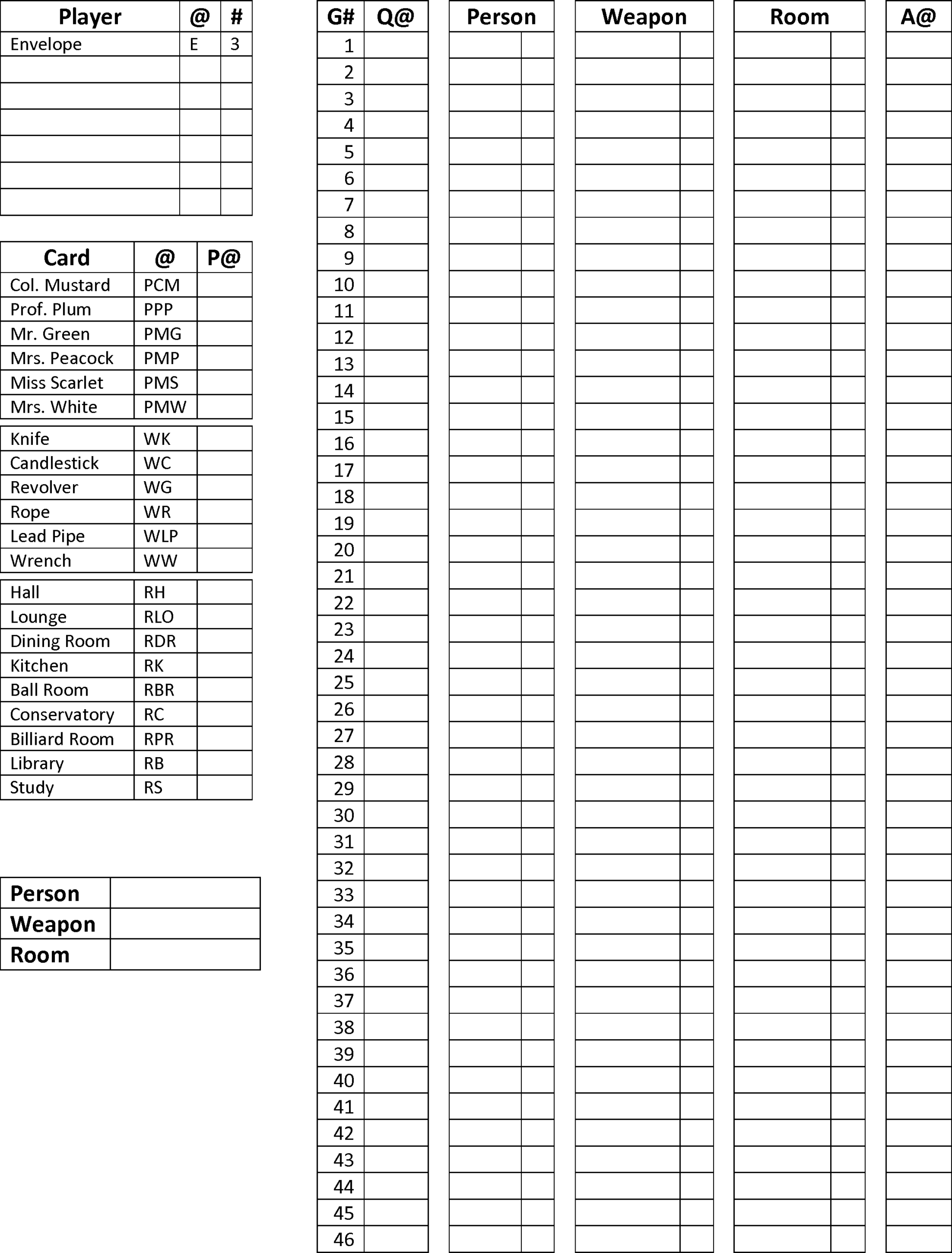 Printable Clue Game Check List