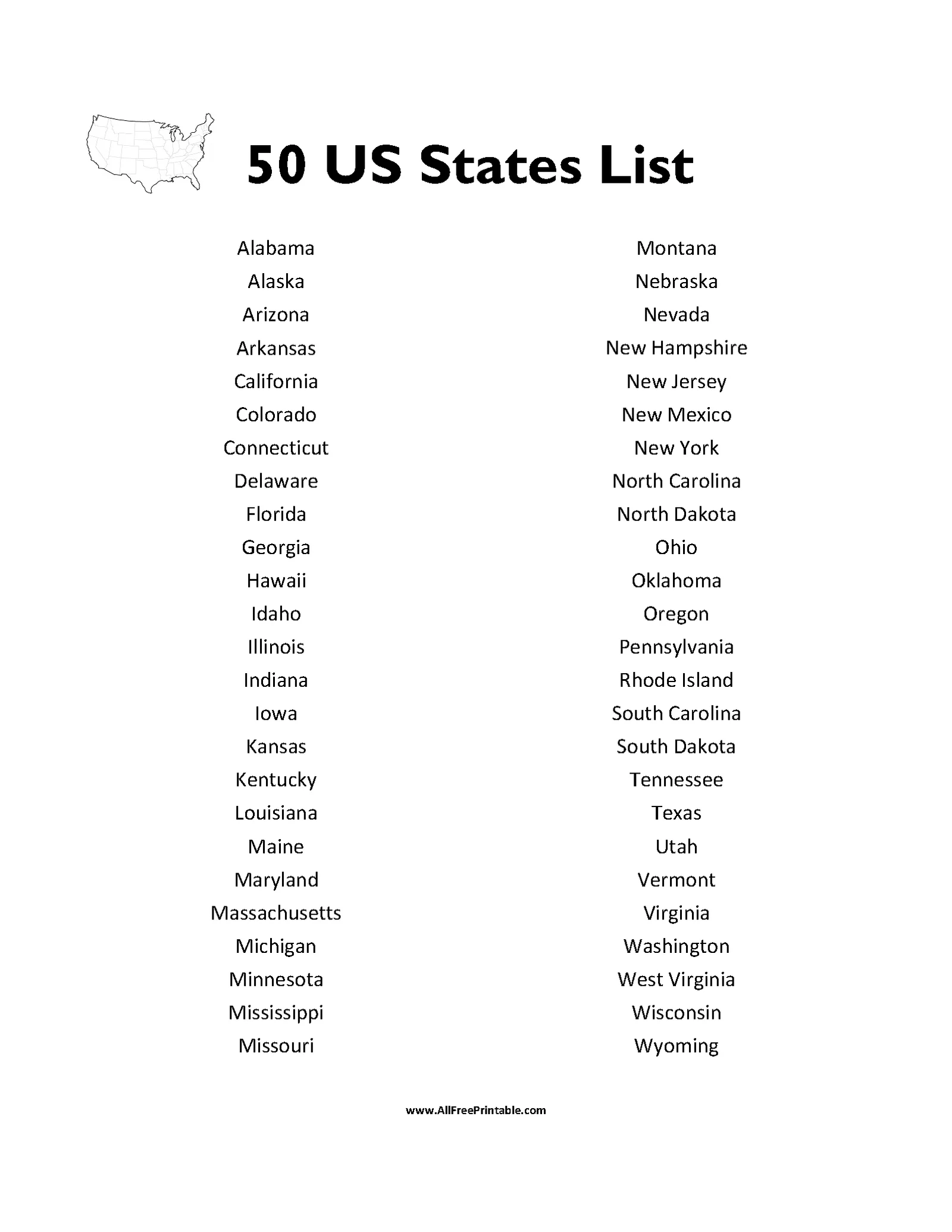 Us States List Printable