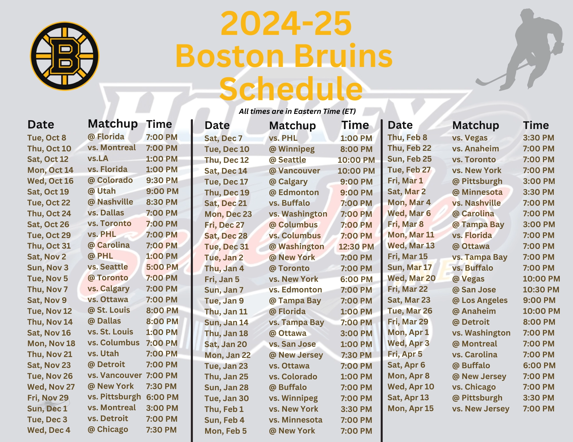 Boston Bruins Season Schedule Printable