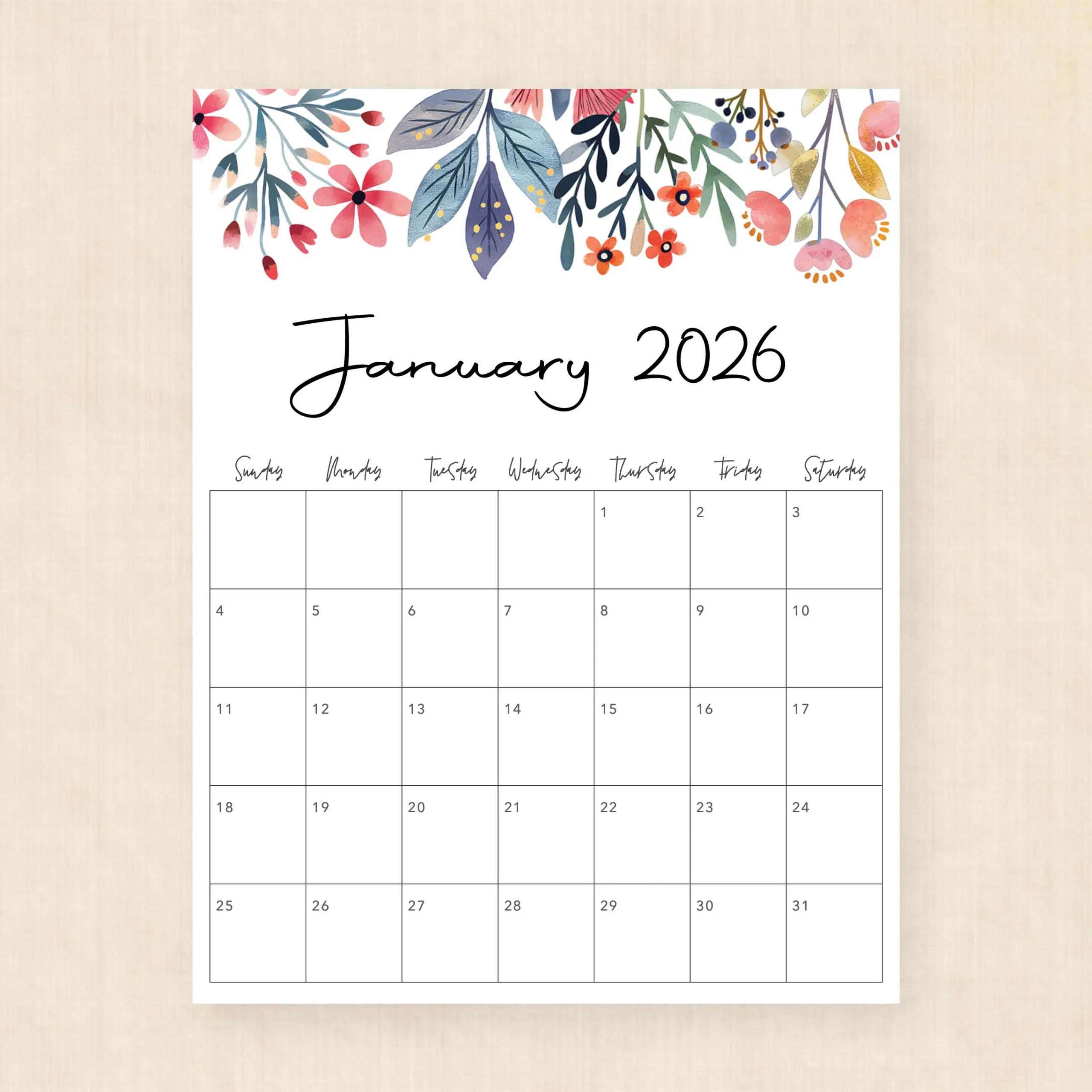 Printable 2026 Calendar Floral Fantasy