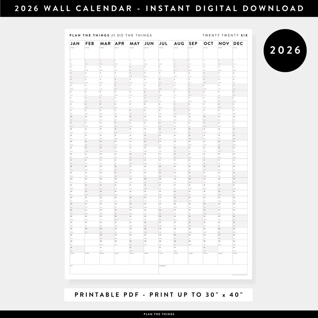 PRINTABLE 2026 Wall Calendar Digital PDF Instant Download 2026 Wall Planner Monthly Planner 2026 Year Planner vertical Gray Etsy