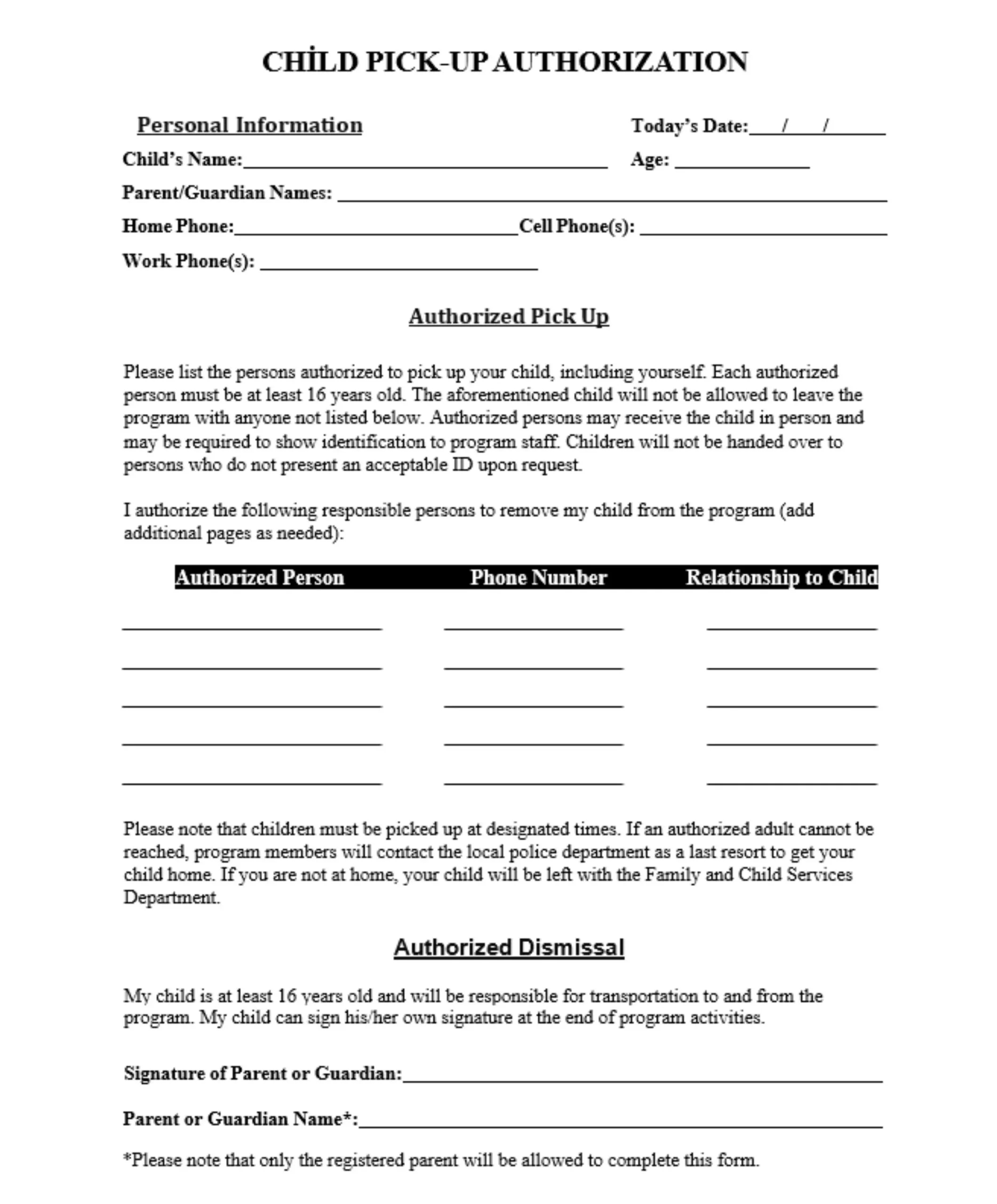Printable Child Pickup Form Authorized Pickup Template Edit In Word Download Etsy