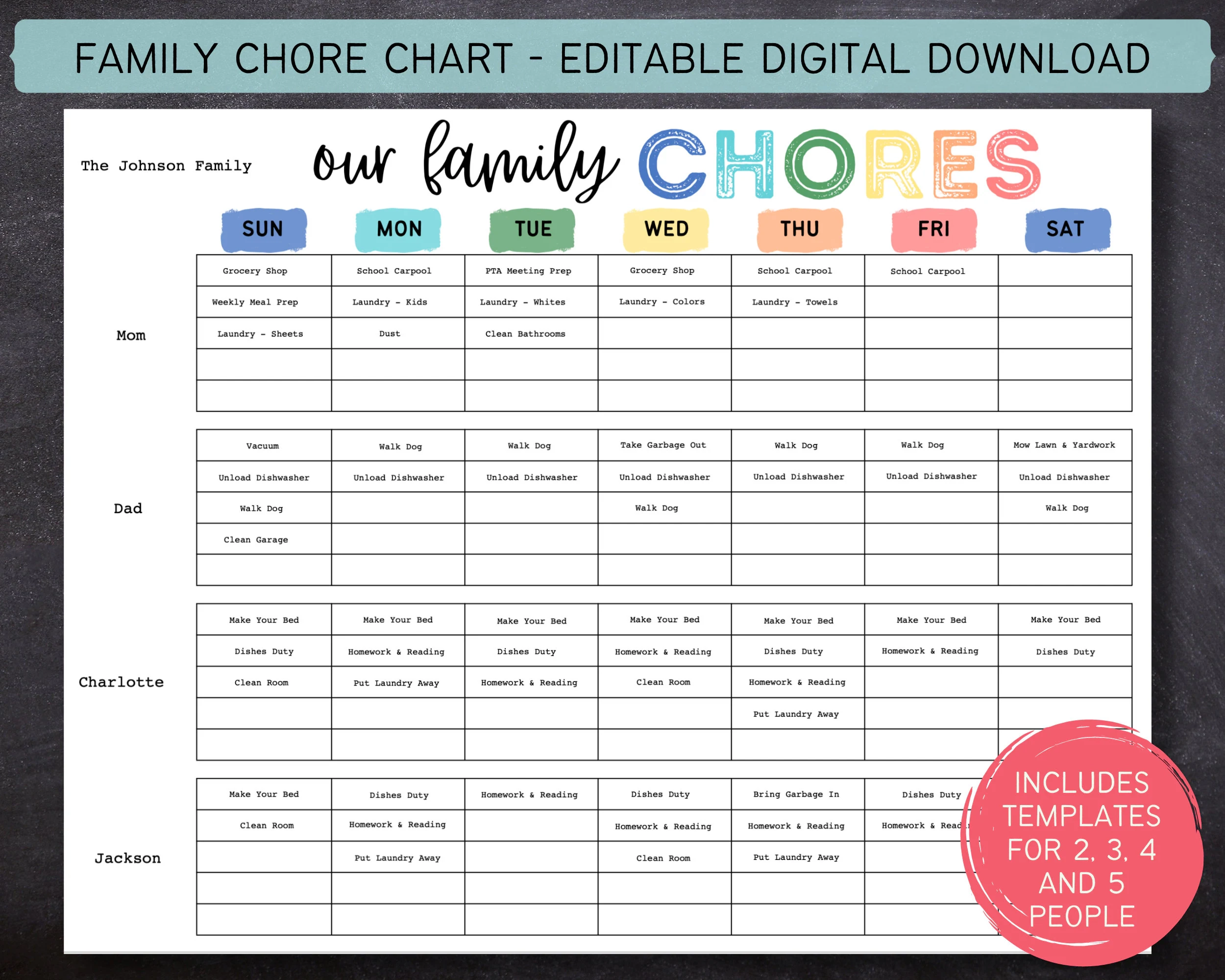 Week Family Chore Planner Printable
