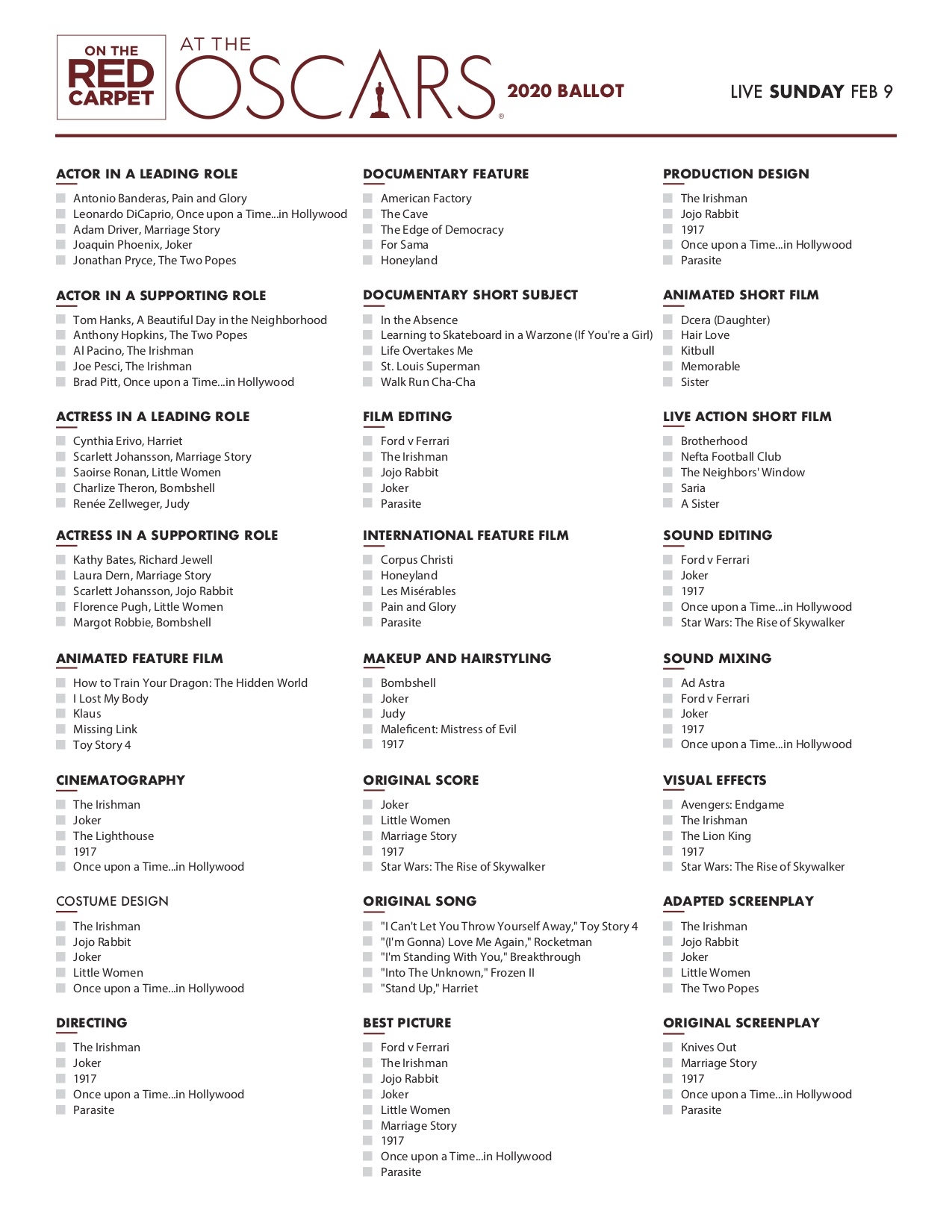 Oscar Nominations List Printable