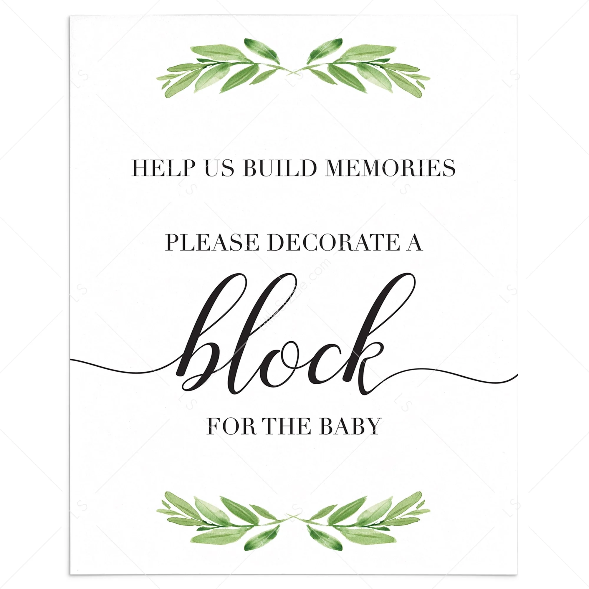 Printable Greenery Decorate A Block Baby Shower Activity Instructions Sign LittleSizzle