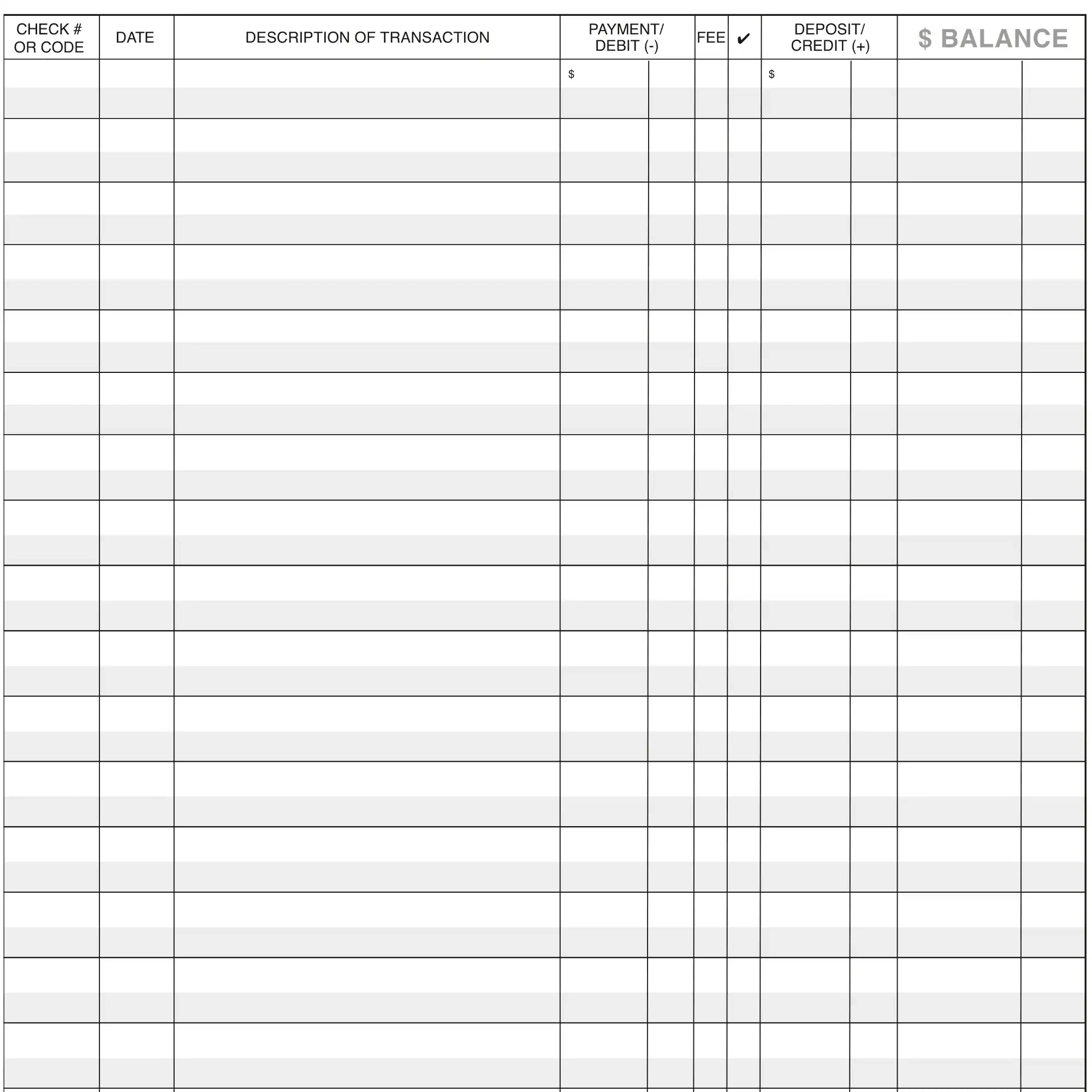 Printable Checkbook Balance Sheet