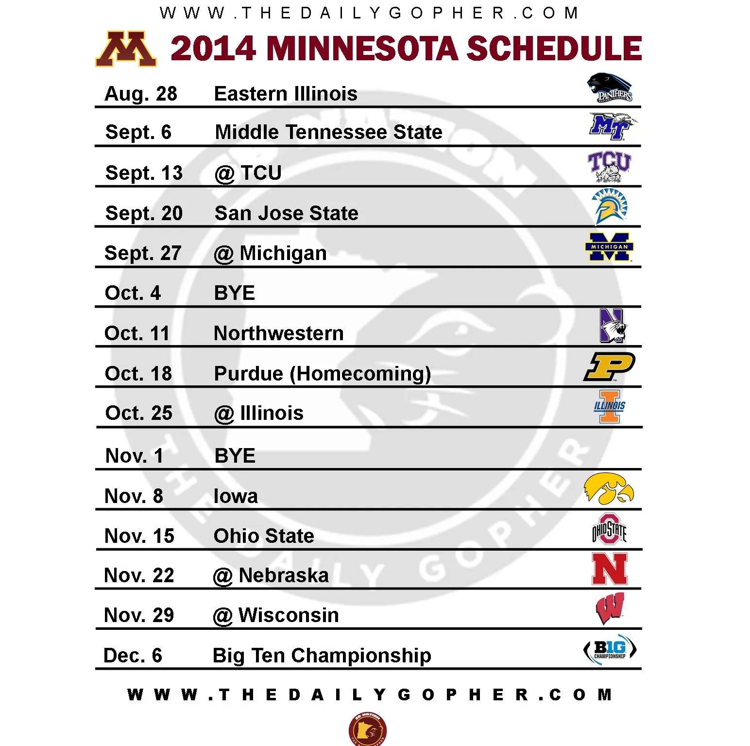 Printable Minnesota Gophers Football Schedule 2014 The Daily Gopher Printable Minnesota Gophers Football Schedule 2014 The Daily Gopher