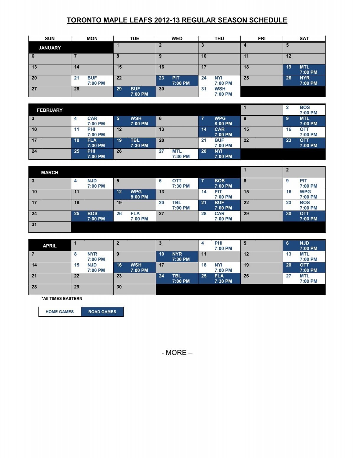 Printable Regular Schedule Toronto Maple Leafs
