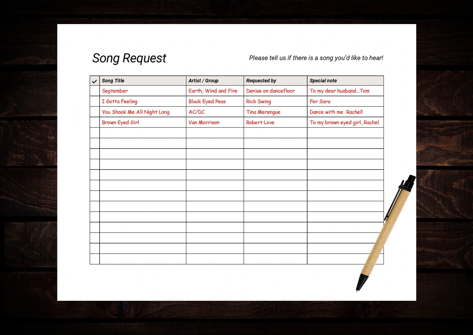 Printable Song Request Form Party Wedding Music List PDF Word Etsy