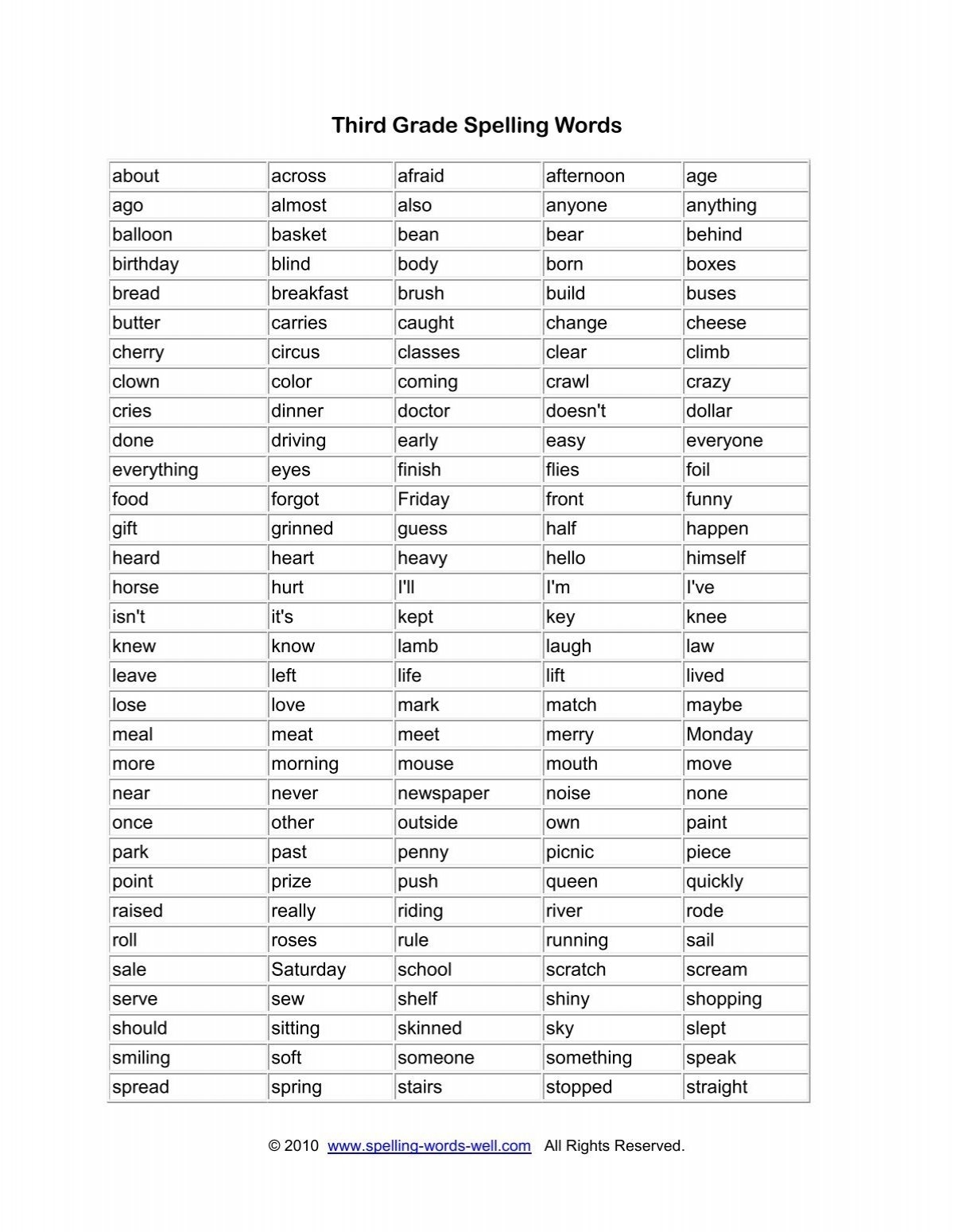 Printable Version Of Third Grade Spelling Words Spelling Words Well