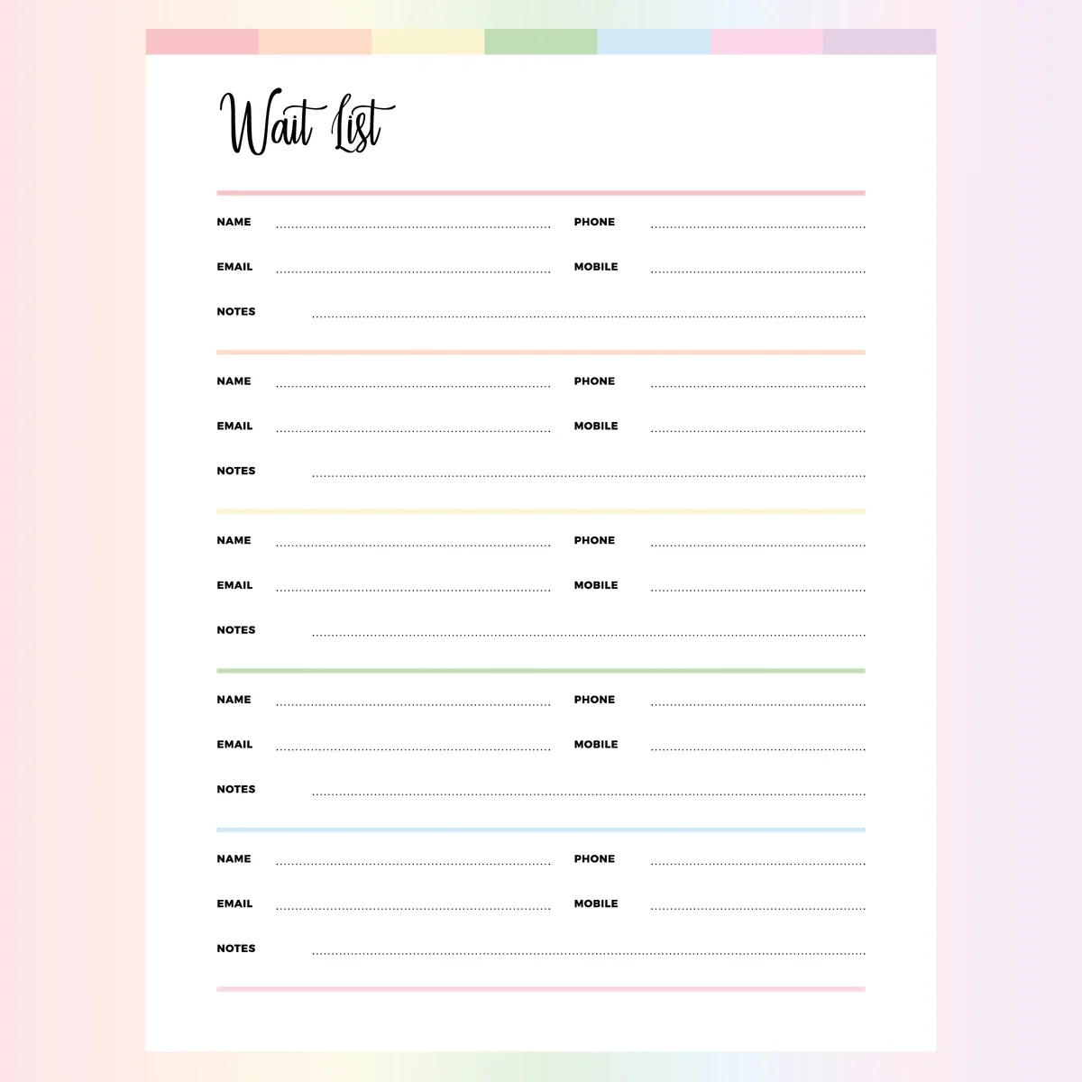 Printable Appointment Waiting List Template