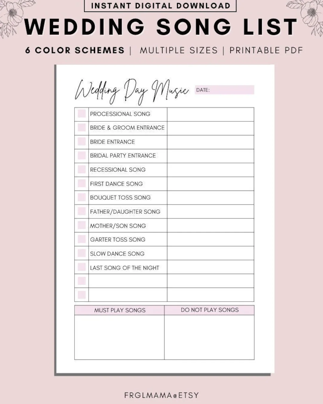 Printable Wedding Song List DJ Questionnaire Processional Songs PDF Etsy