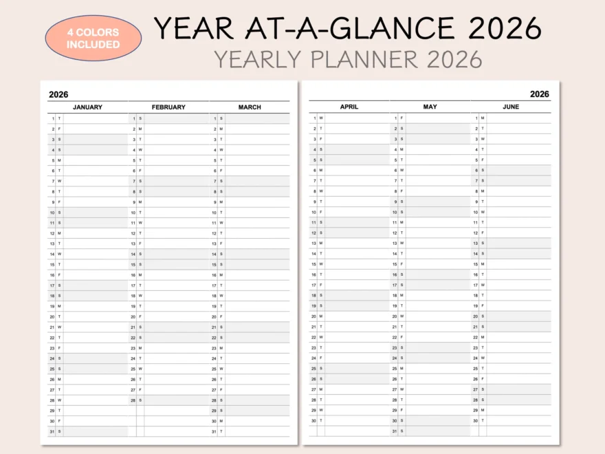 Printable Yearly Planner Calendar 2026 Yearly Overview 2026 Year At a glance 2026 4 Colors Etsy
