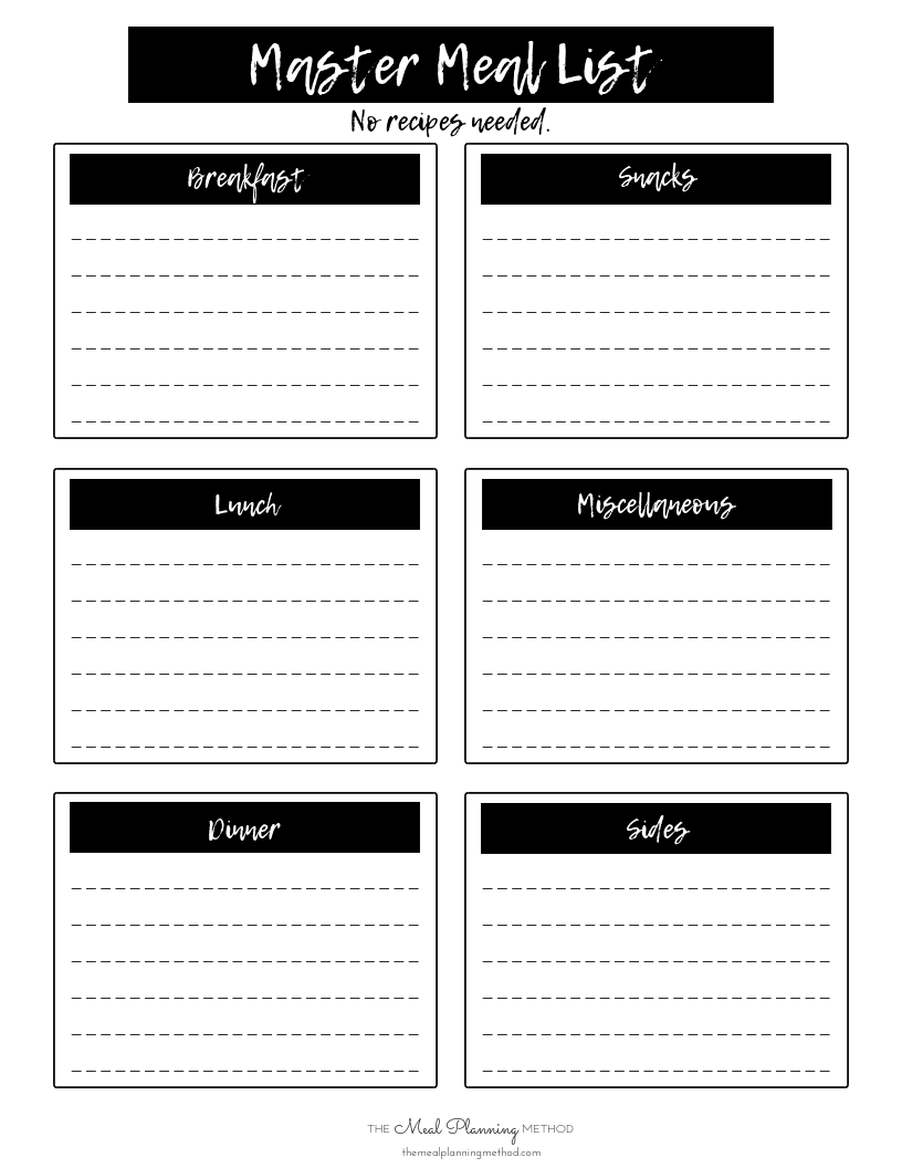 Master Meal List Printable Master Meal List Printable
