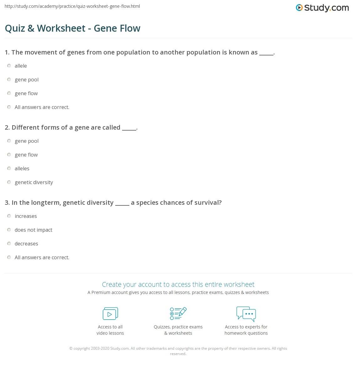 Quiz Worksheet Gene Flow Study
